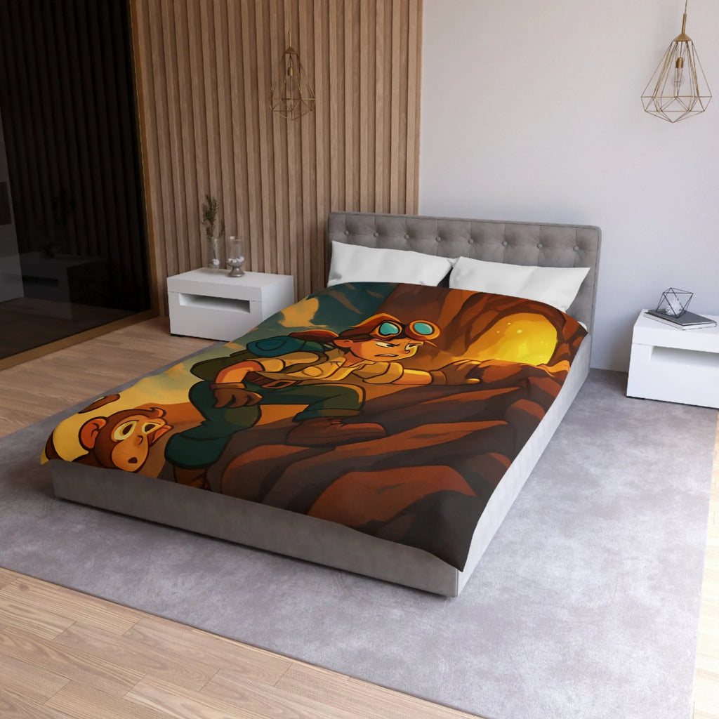 Housse de couette aventure colorée avec jeune explorateur et singe devant grotte lumineuse