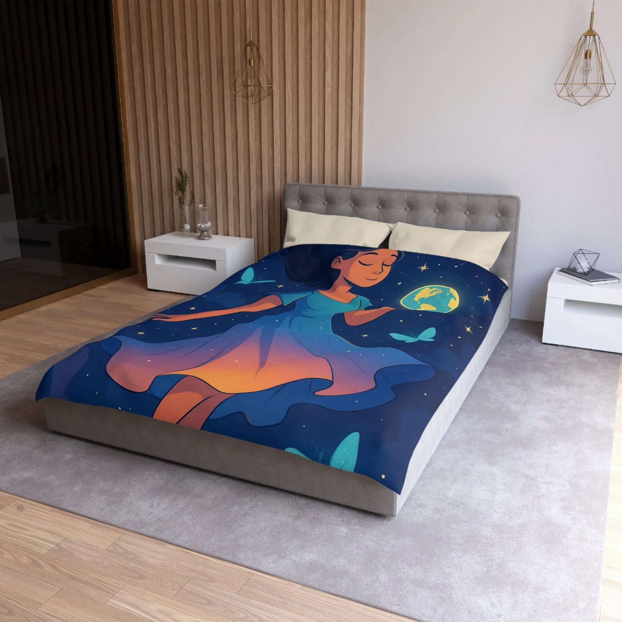 Housse de couette enfant rêve étoilé fille flottant avec globe et papillons