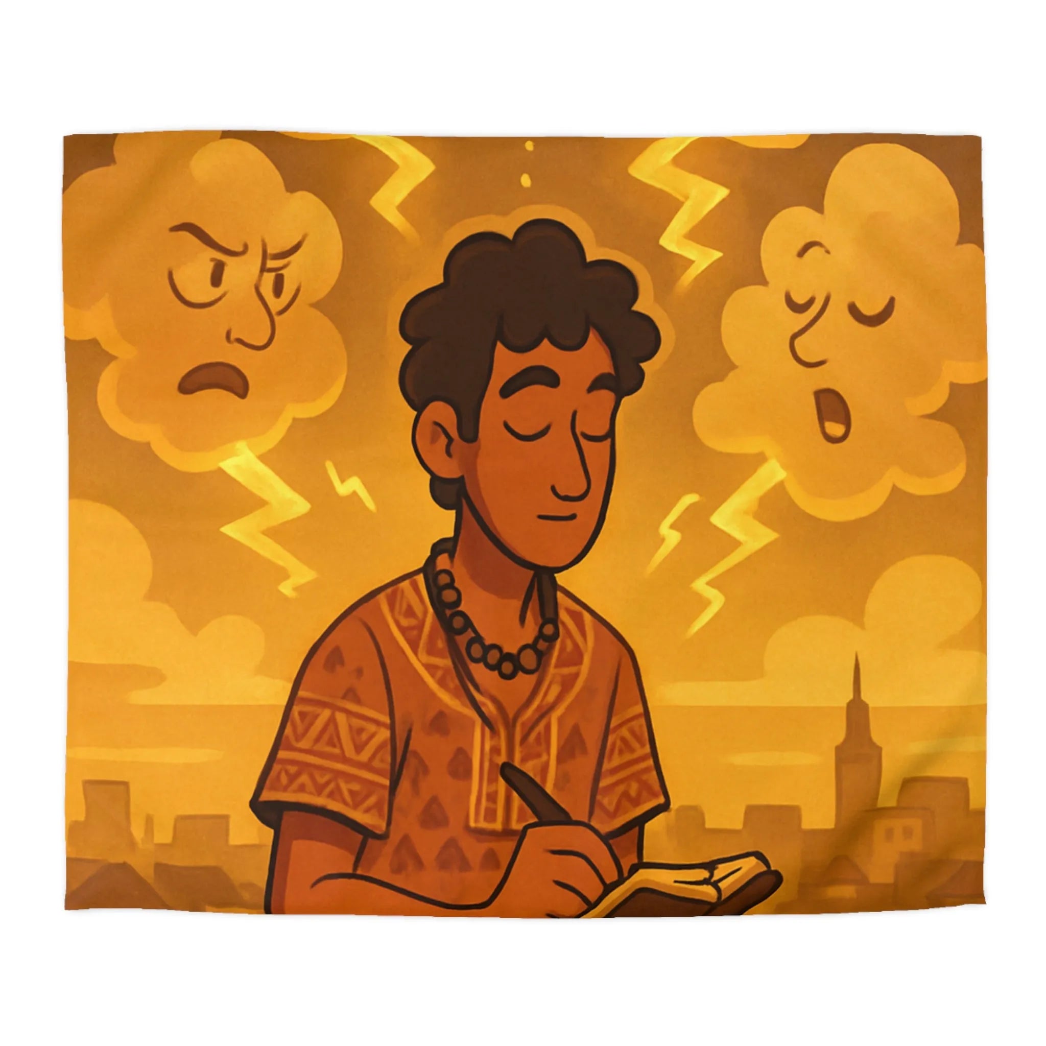 Housse de couette artistique avec motif méditatif, nuageux et expressions émotionnelles illustrées