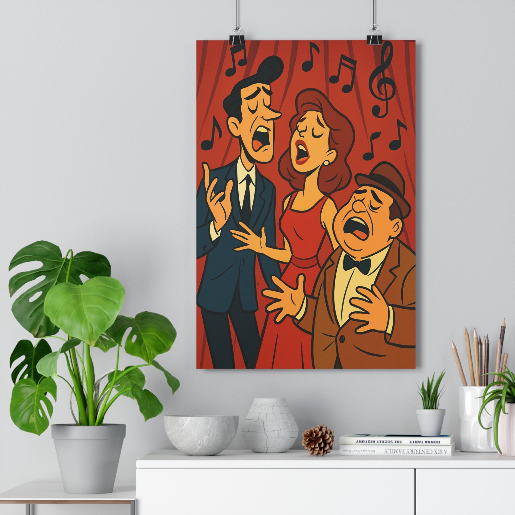 Poster décoratif chanteurs cartoon rouge bleu théâtral expressif salon chambre ambiance musicale passionnante joyeuse