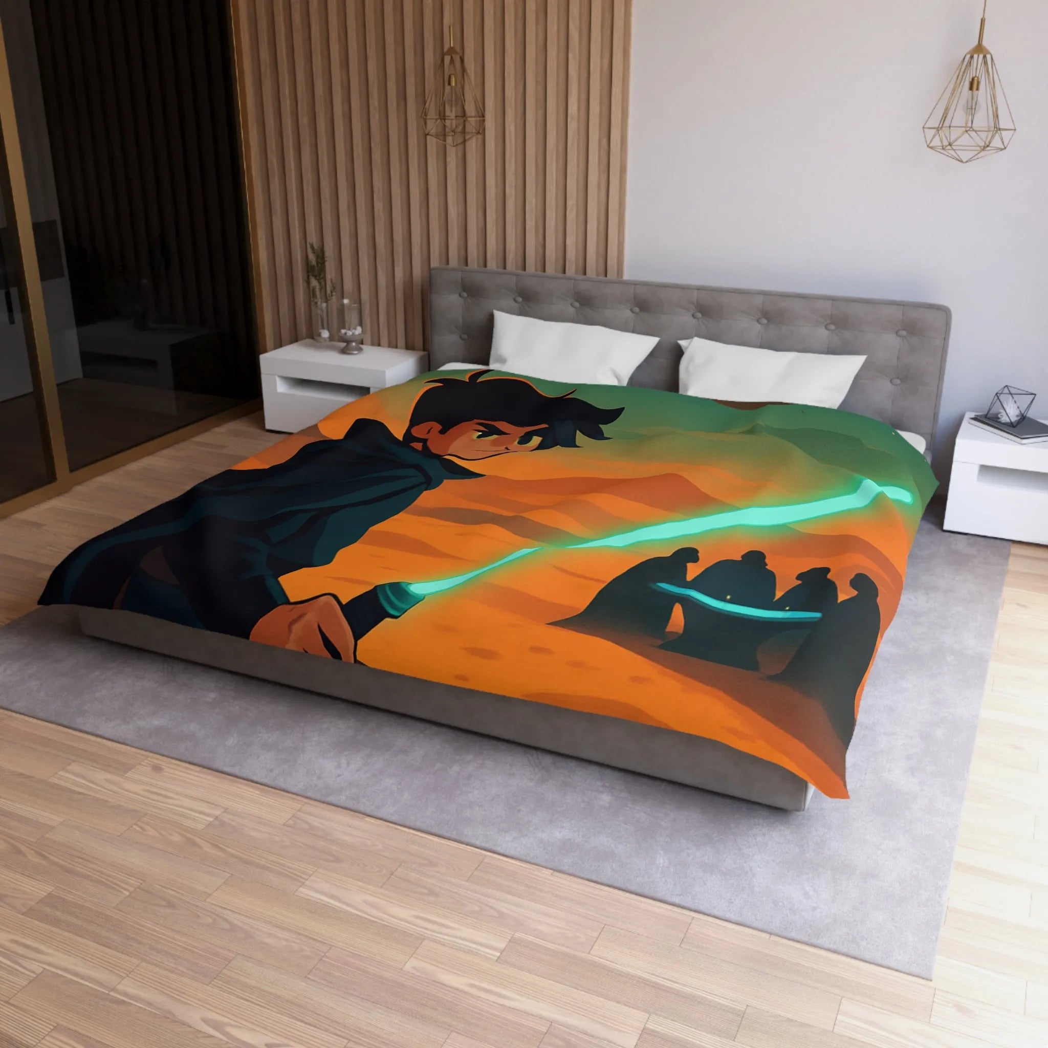 Épique scène de science-fiction avec héros sabre lumineux et vaisseau spatial en arrière-plan