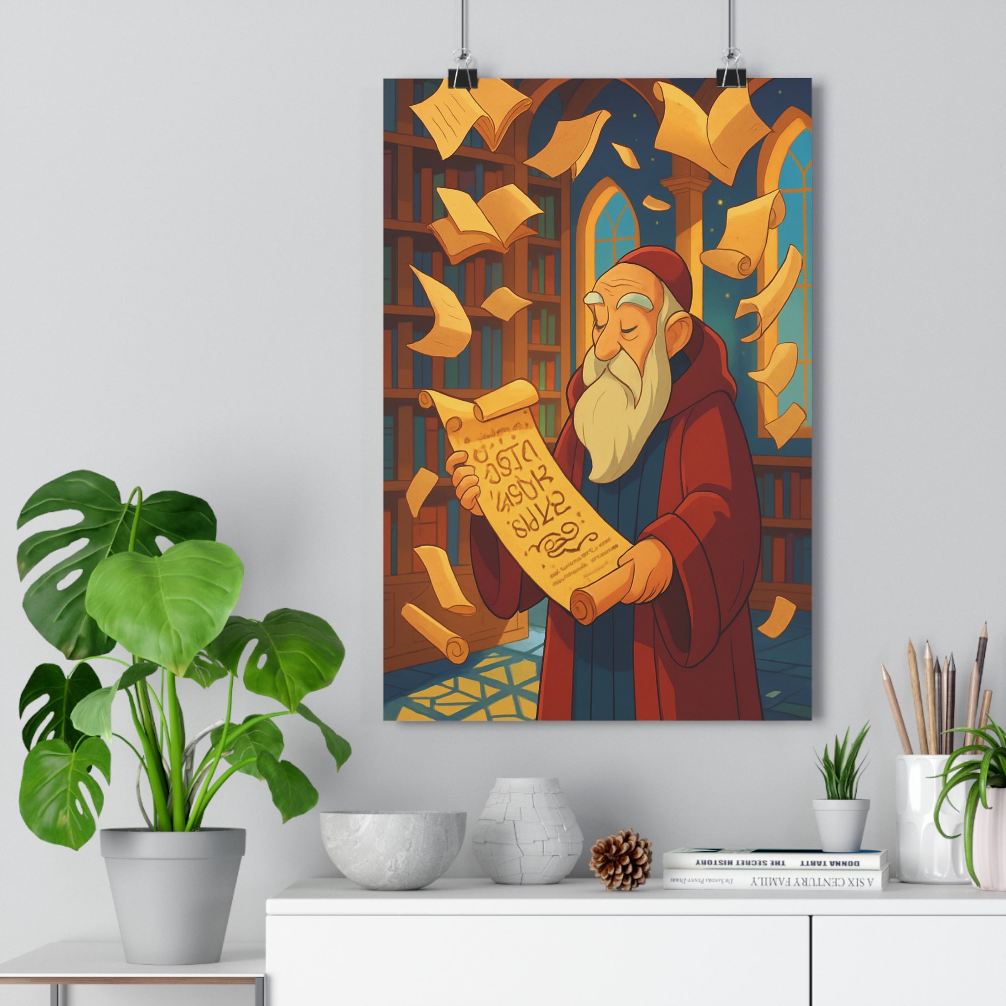 Poster décoratif cartoon historique érudit bibliothèque couleurs dorées bureau étude intellectuelle 30x46 cm qualité