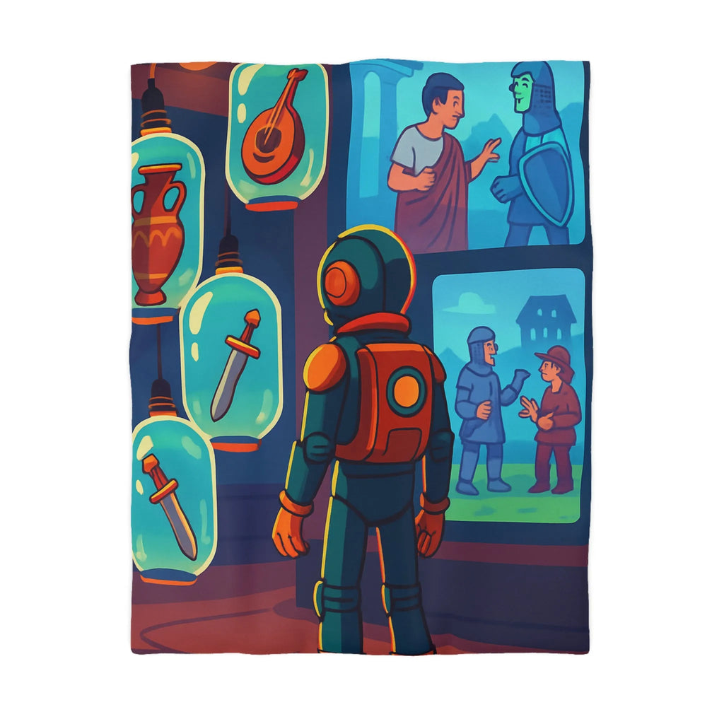 Décoration Housse de Couette Inspiration Rétro-Futuriste avec Motifs Gladiateurs et Exploration Spatiale