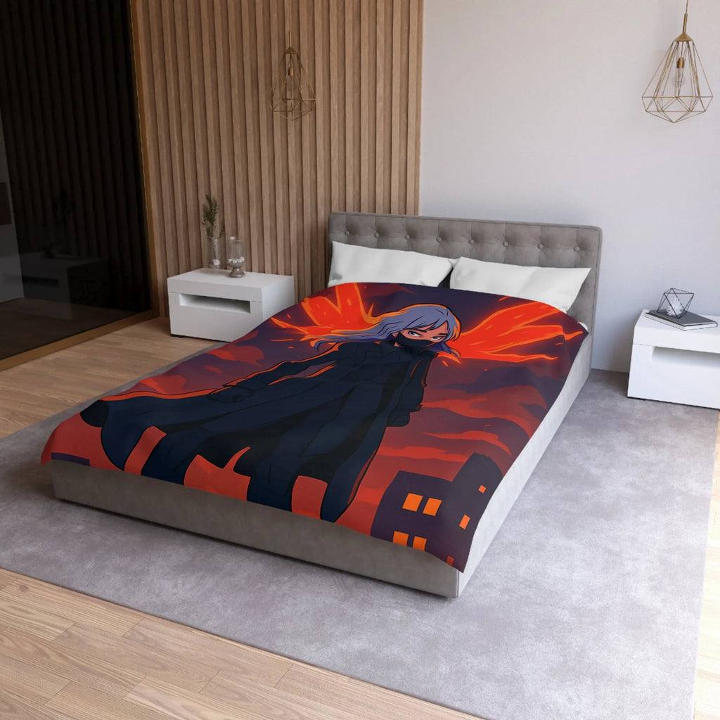 Housse de Couette Gothique avec Figure Angélique Ailée et Ville Enflammée Stylisée