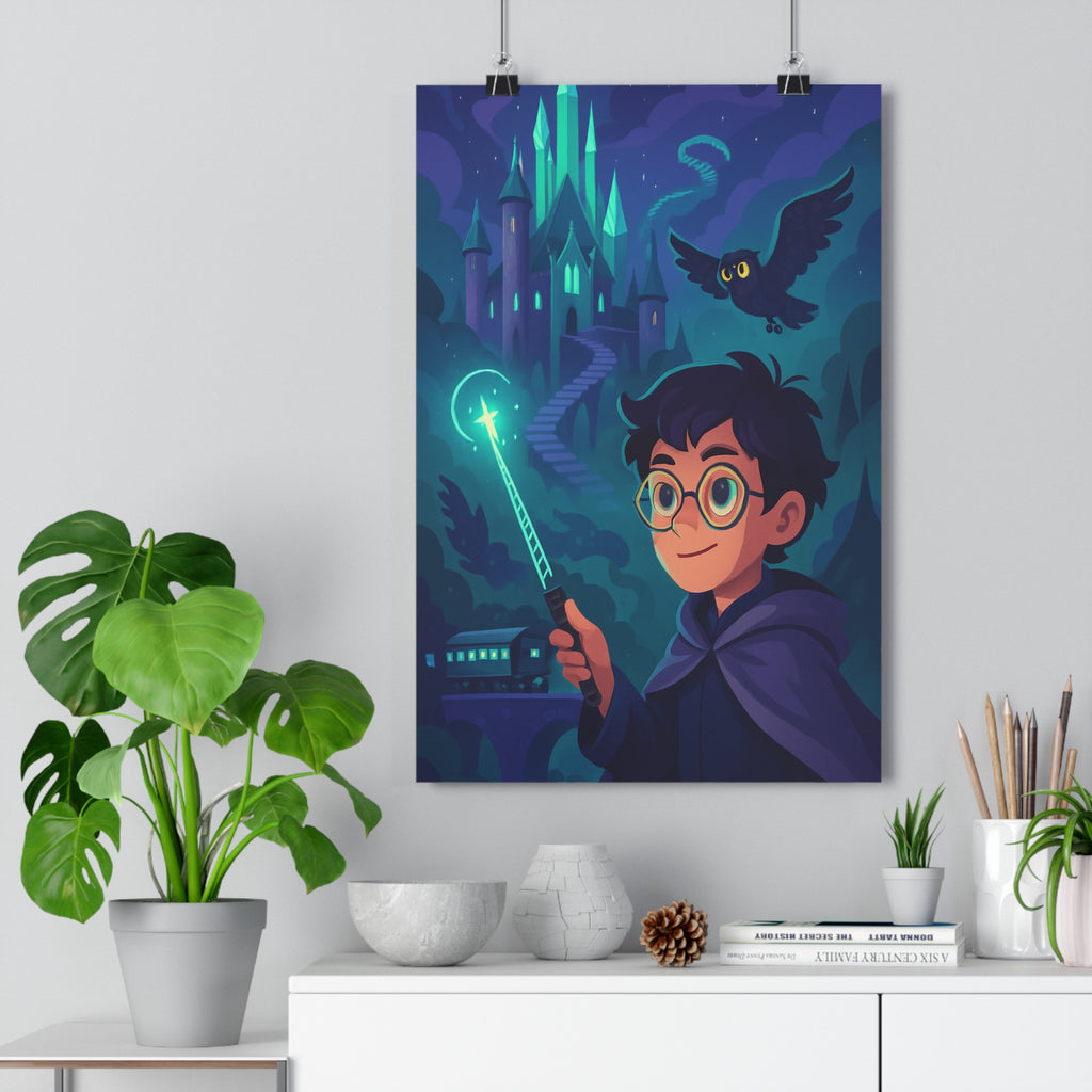 Poster décoratif sorcier baguette lumineuse château étoilé chouette mystique bleu vert chambre 30x46 qualité