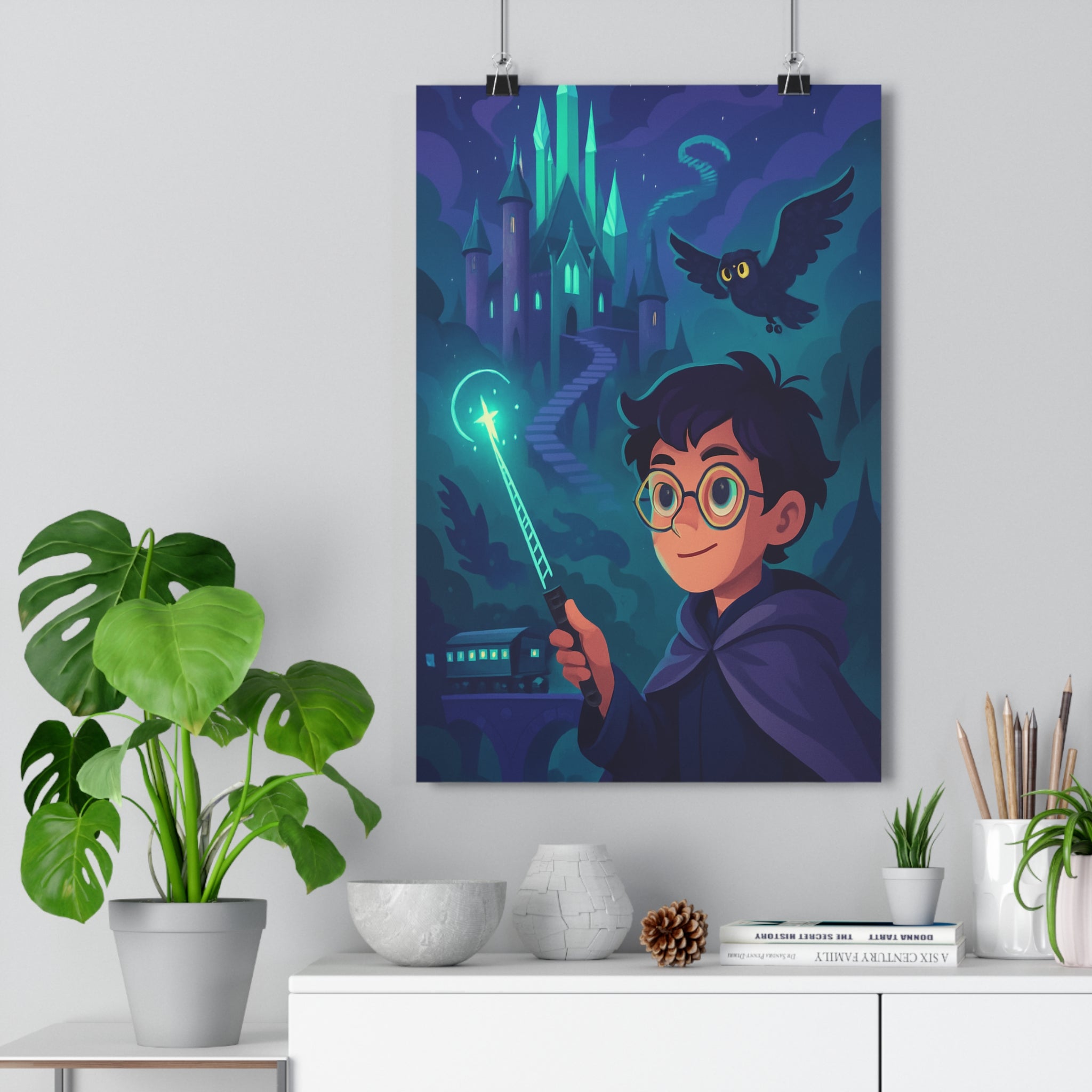 Poster décoratif sorcier baguette lumineuse château étoilé chouette mystique bleu vert chambre 30x46 qualité