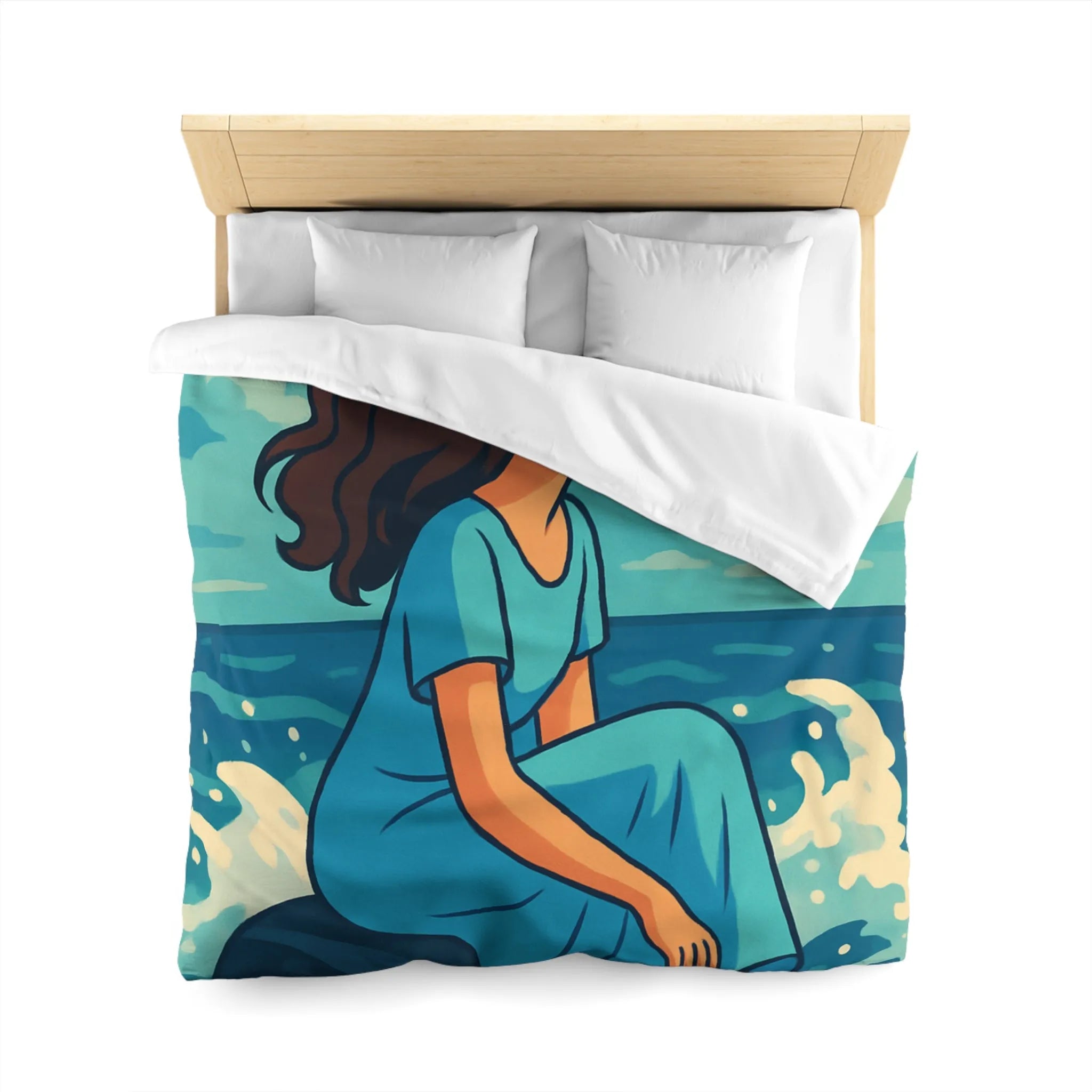 Housse de Couette Art Nouveau Femme Mermaid Assise sur Rochers avec Mouettes