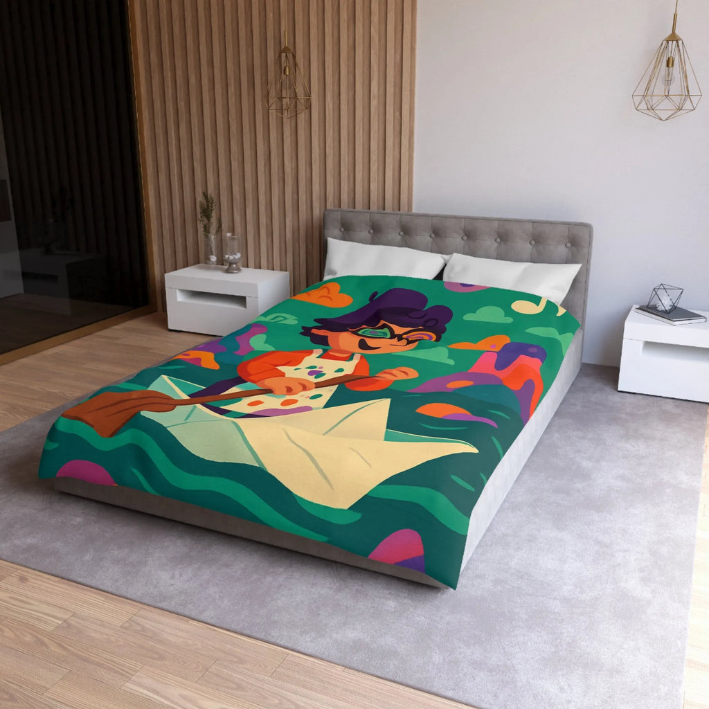 Housse de couette colorée avec artiste joyeux naviguant en bateau de papier dessin animé