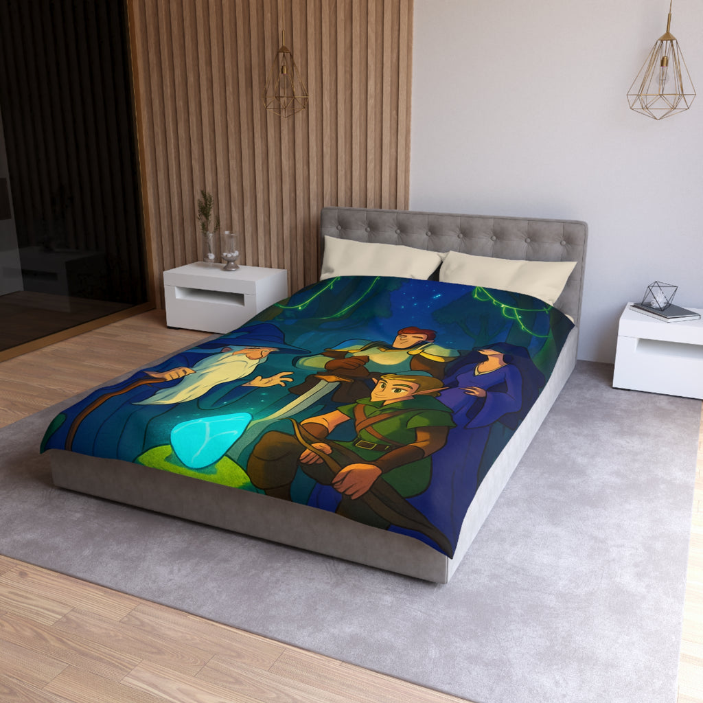 Personnages de Fantasy Réunis Autour d'un Cristal Lumineux dans la Forêt Enchantée