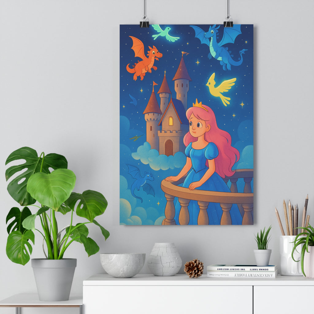 Poster décoratif fantasy féerique pastel lumineux enfant princesse château nuages dragons oiseaux ciel magique