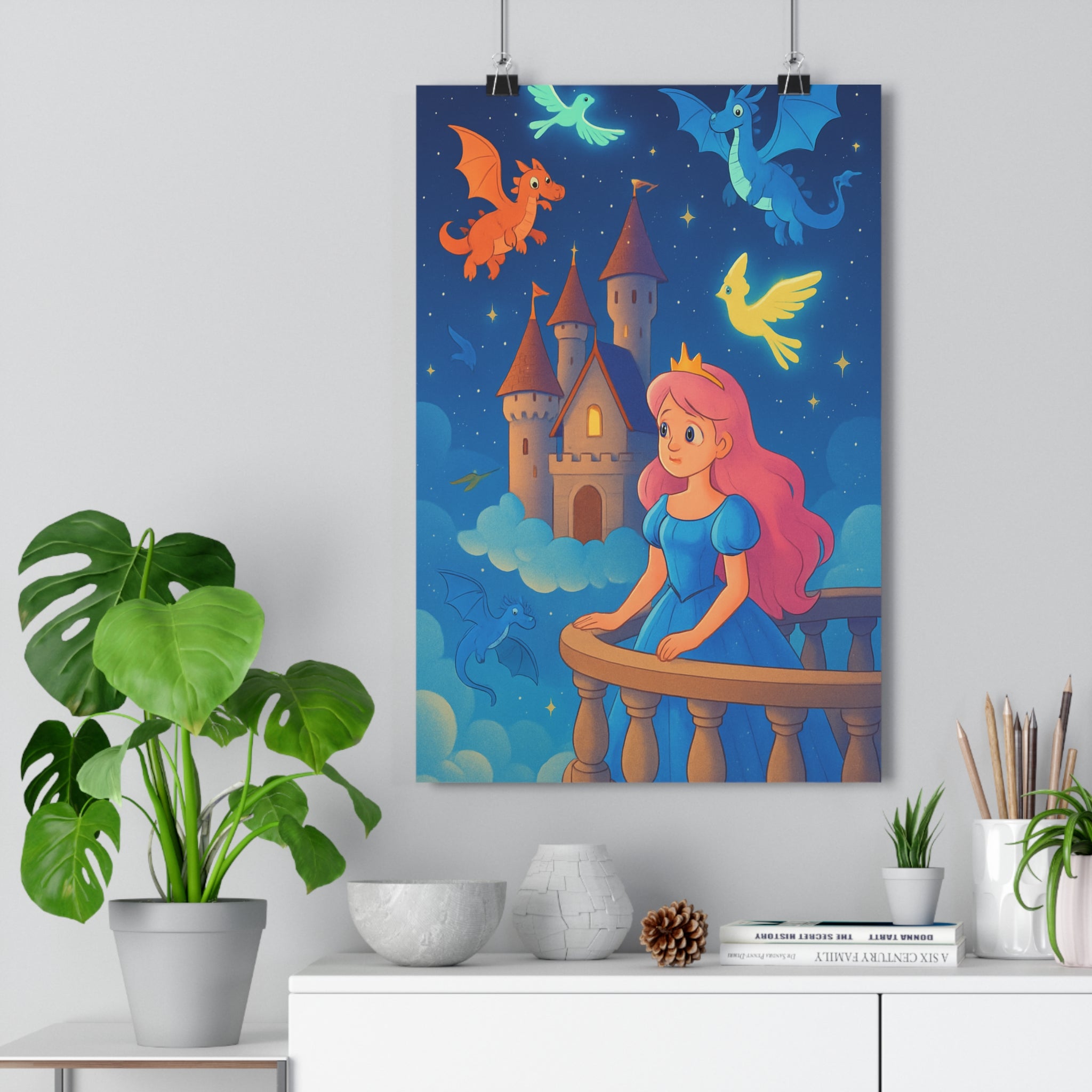 Poster décoratif fantasy féerique pastel lumineux enfant princesse château nuages dragons oiseaux ciel magique