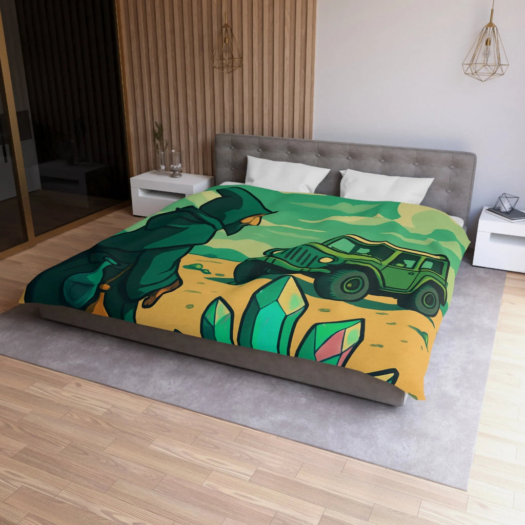 Housse de couette illustrée avec paysage surnaturel, grotte colorée et véhicule tout-terrain