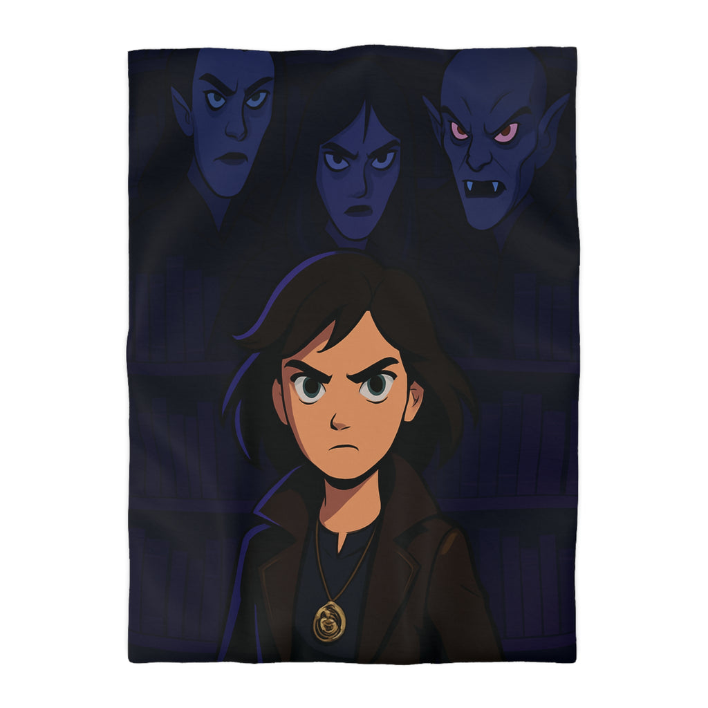 Housse de couette mystérieuse avec personnage sombre et biblio-thème style graphique