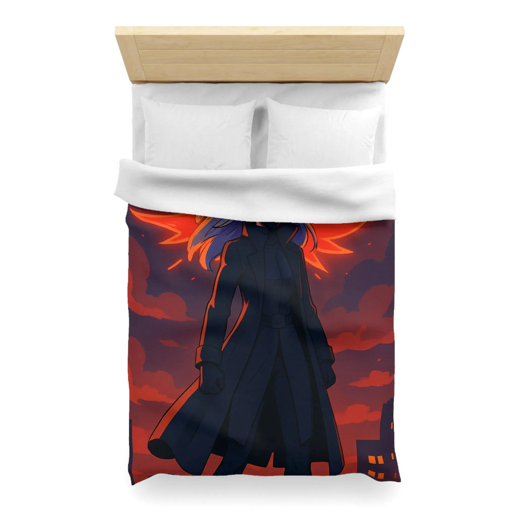 Housse de Couette Gothique avec Figure Angélique Ailée et Ville Enflammée Stylisée