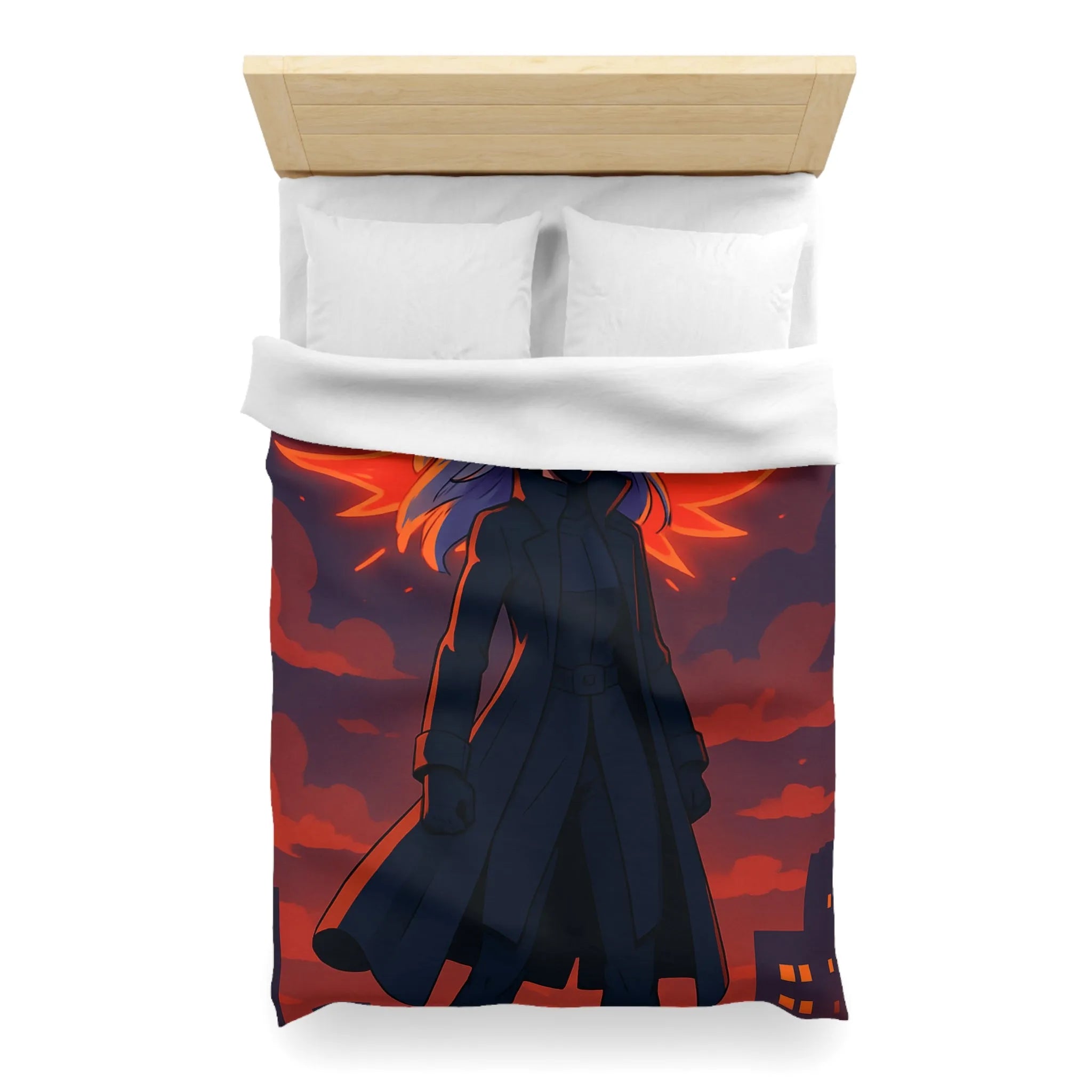 Housse de Couette Gothique avec Figure Angélique Ailée et Ville Enflammée Stylisée