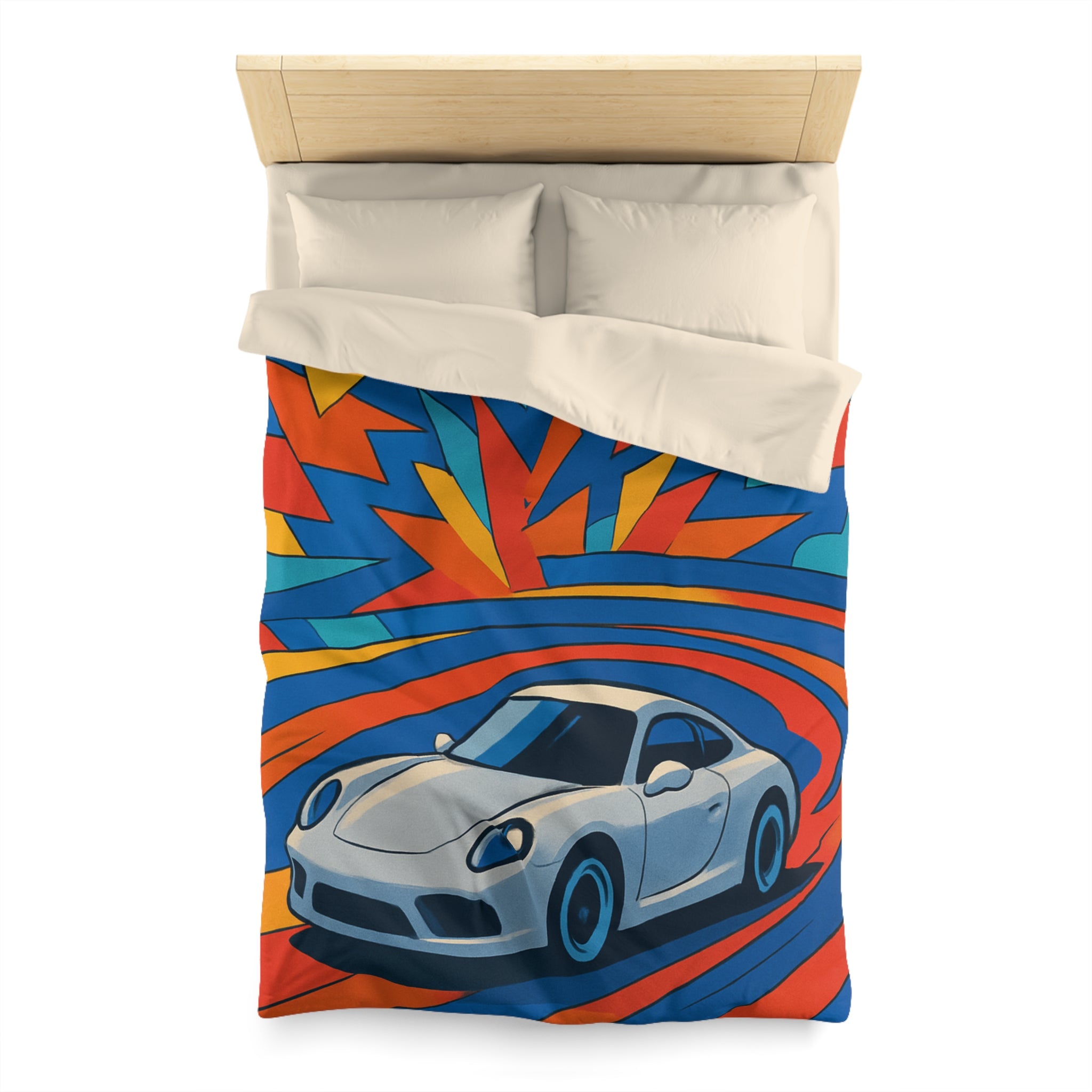 Housse de couette voiture sportive dynamique avec explosion de couleurs vives et éclatantes