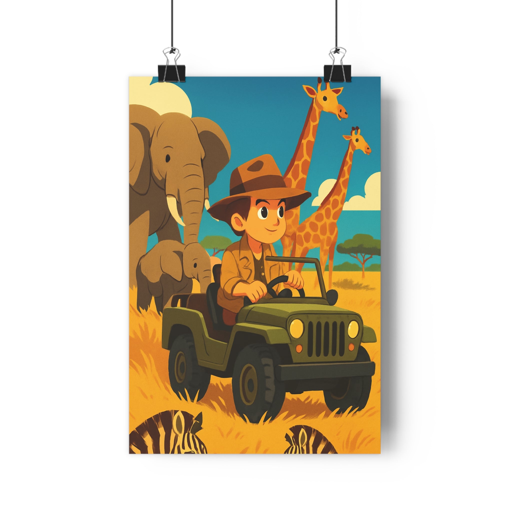 Poster décoratif cartoon safari aventure jaune vert bleu chambre enfant vibrante expressive animale joyeuse