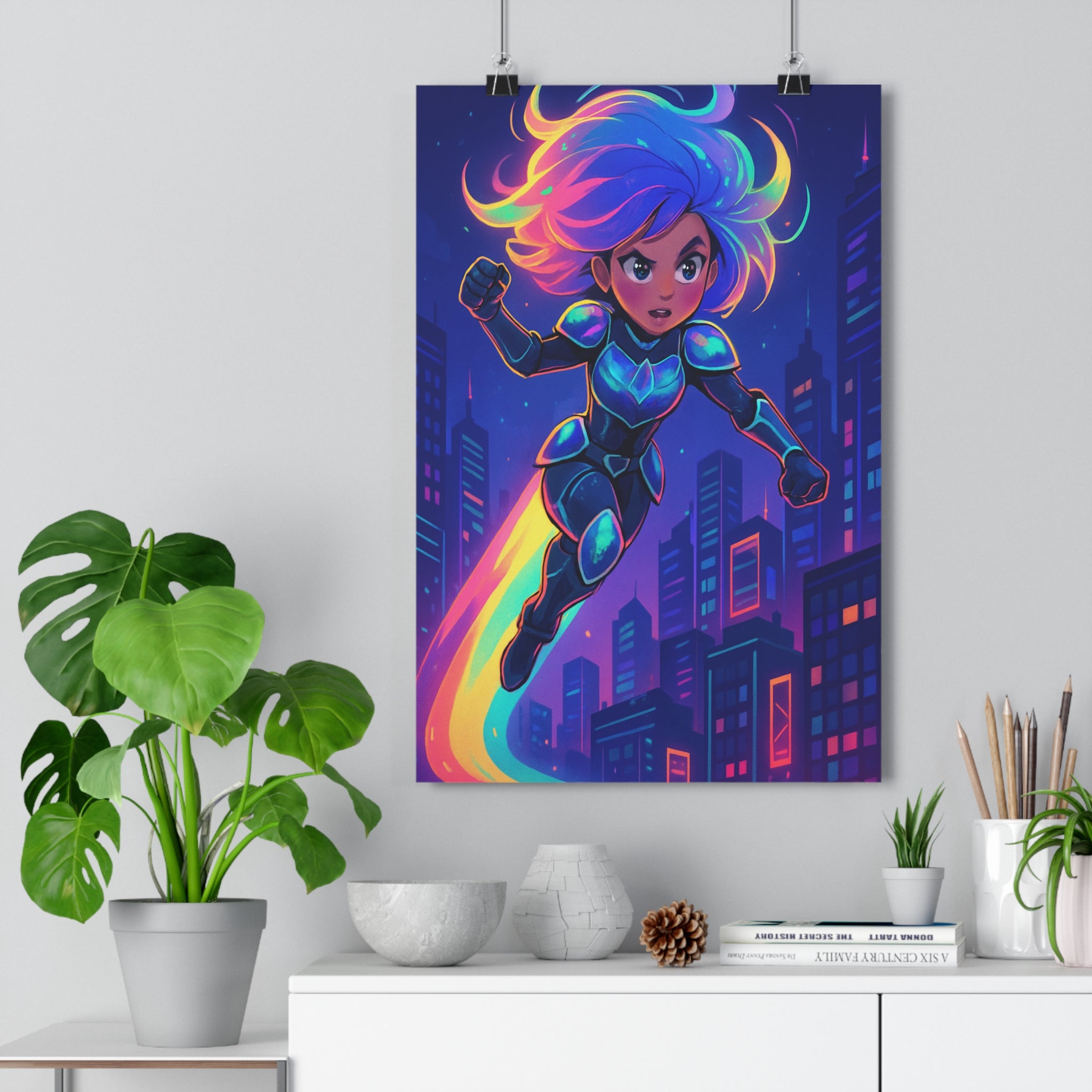 Poster décoratif héros stylisé néon bleu violet rose anime cyberpunk moderne dynamique chambre énergique