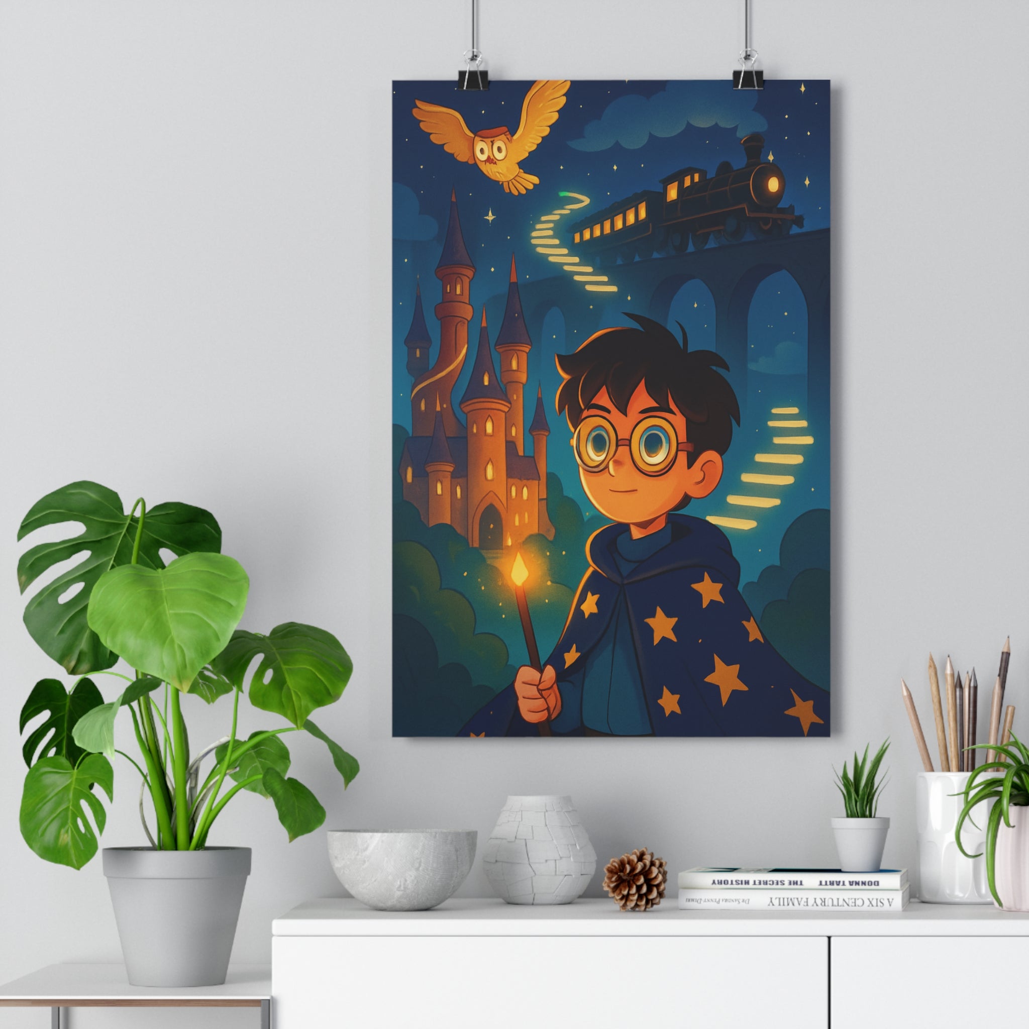 Poster décoratif sorcier mystique bleu doré magique chambre enfant château étoile ambiance enchantée sorcellerie