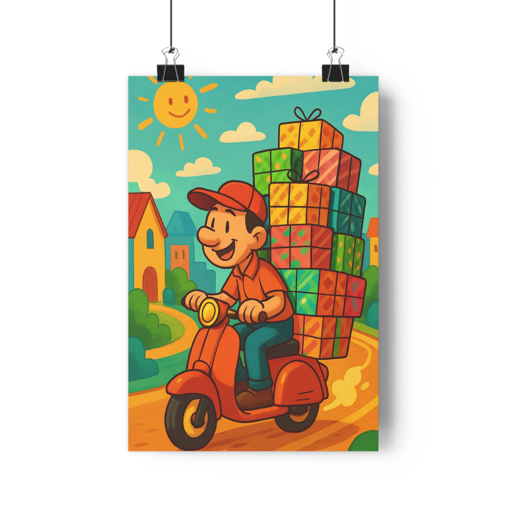 Poster décoratif scooter orange joyeux cartoon bureau urbain coloré paysage maison ciel bleu qualité