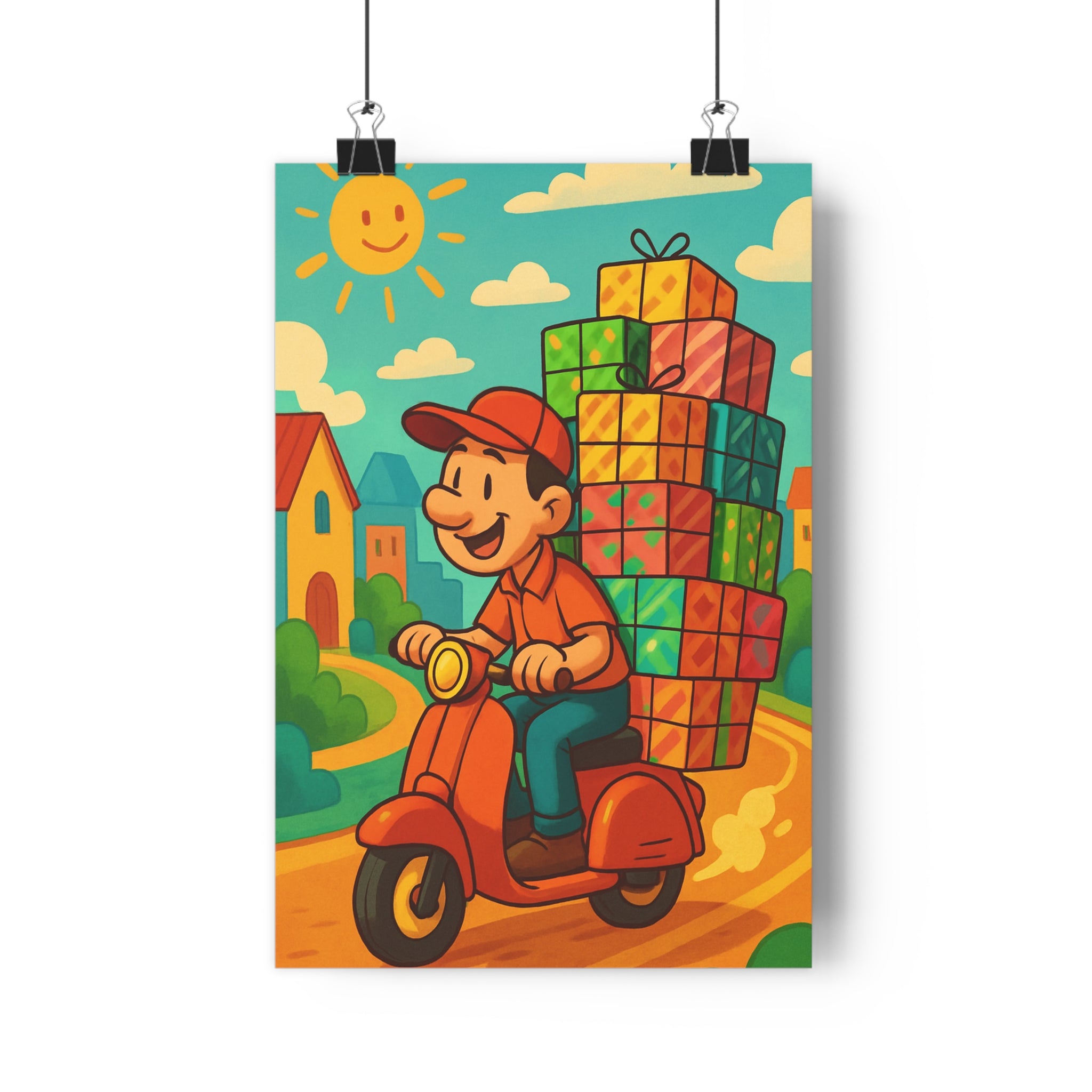 Poster décoratif scooter orange joyeux cartoon bureau urbain coloré paysage maison ciel bleu qualité