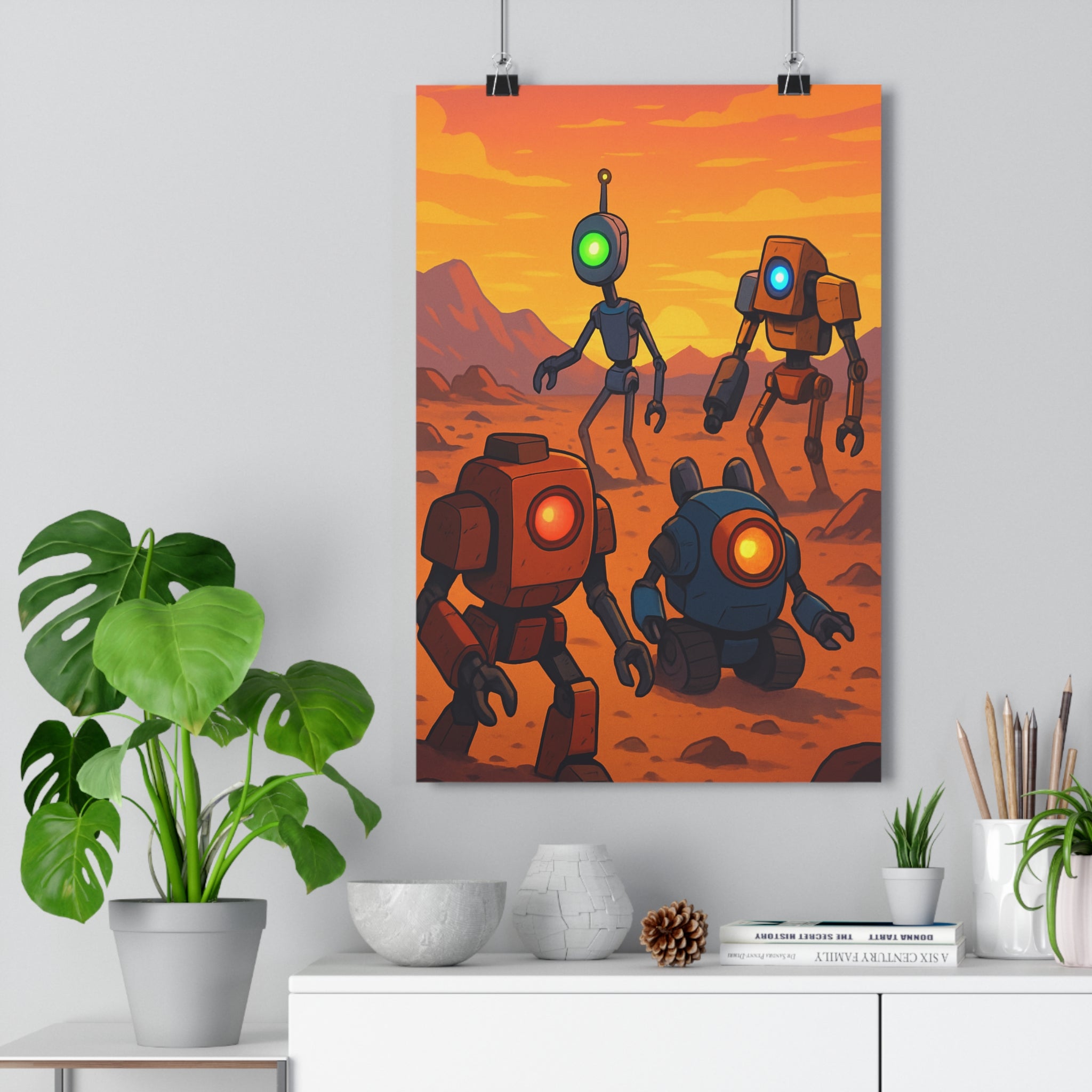 Poster décoratif robot sciencefiction désertique orange rouge coucher soleil salon bureau coloré futuriste captivant