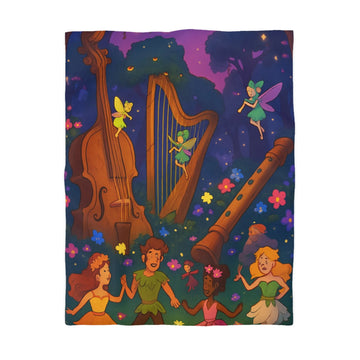 Housse de couette féérique forêt musicale, fées dansant avec fleurs et instruments enchanteurs