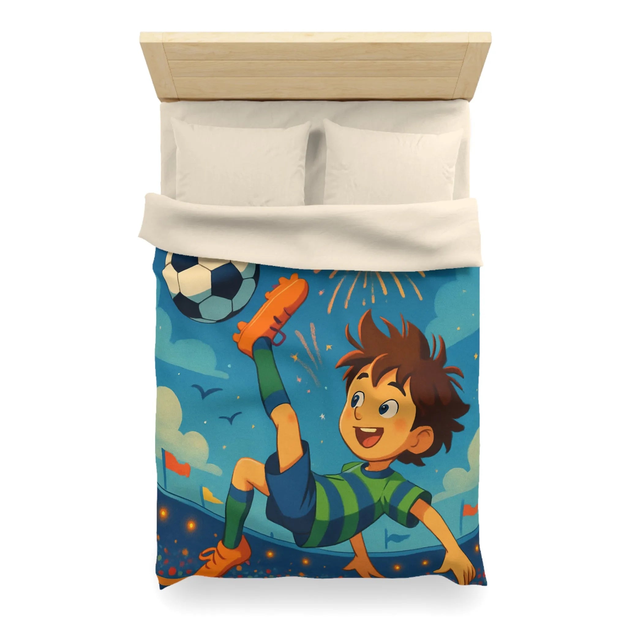 Housse de Couette Enfant Festive avec Football et Feux d'Artifice Multicolores Animés