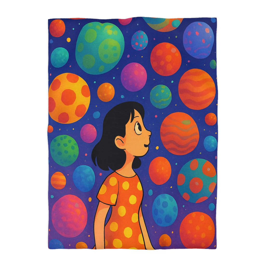 Housse de couette colorée avec motif de planètes et enfant rêveur dans l'espace