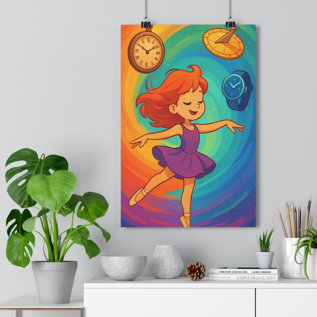 Poster décoratif artistique dynamique voyage temps horloge jaune bleu joyeux salon chambre fille qualité