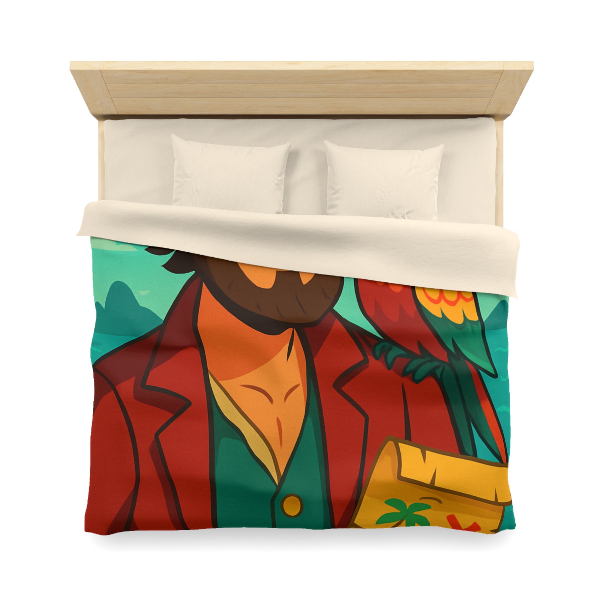 Housse de couette pirate aventurier avec perroquet coloré et carte au trésor illustrée