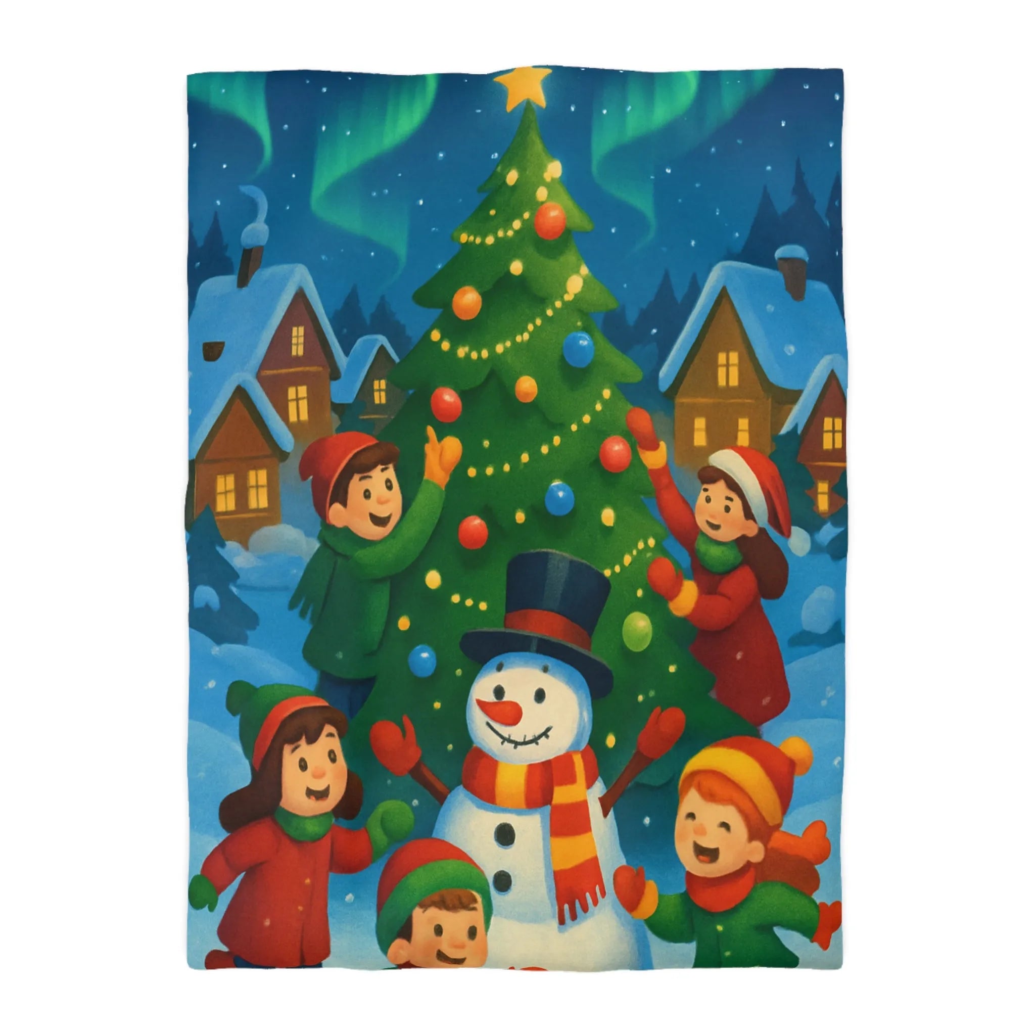 Housse de couette enfants scène festive avec bonhomme de neige et aurore boréale lumineuse