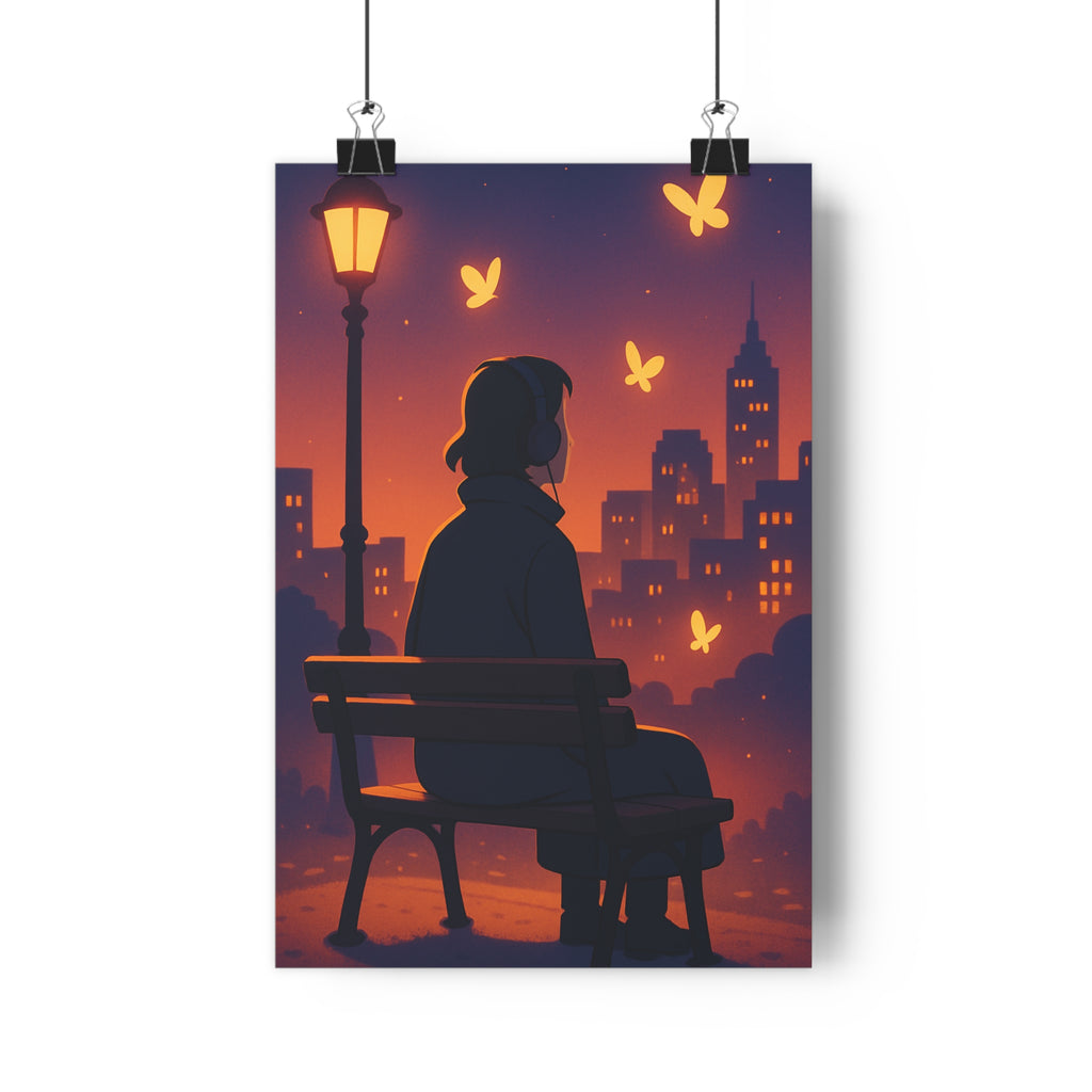 Poster décoratif dessin animé bleu orange ville rêveur chambre salon ambiance lumineuse calme élégant