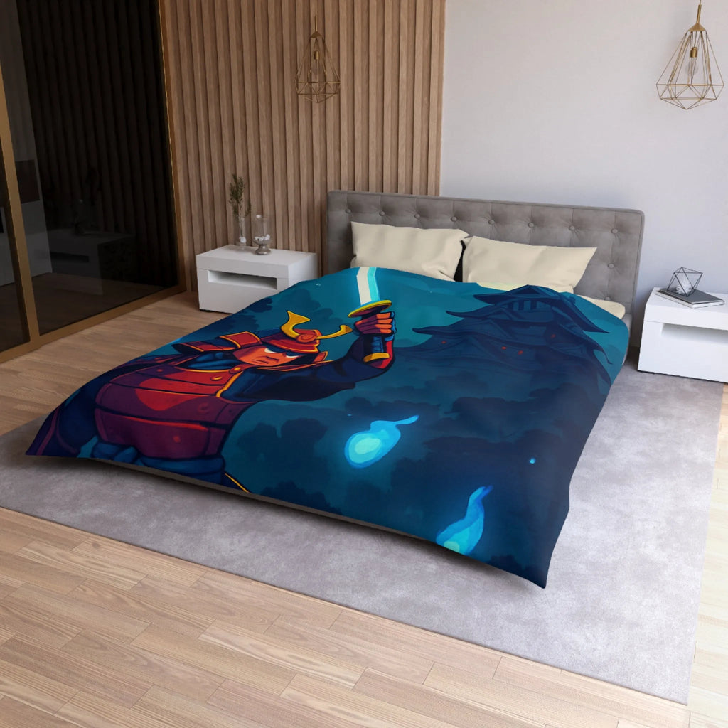 Housse de couette épique samouraï sous lune avec château en arrière-plan mystique