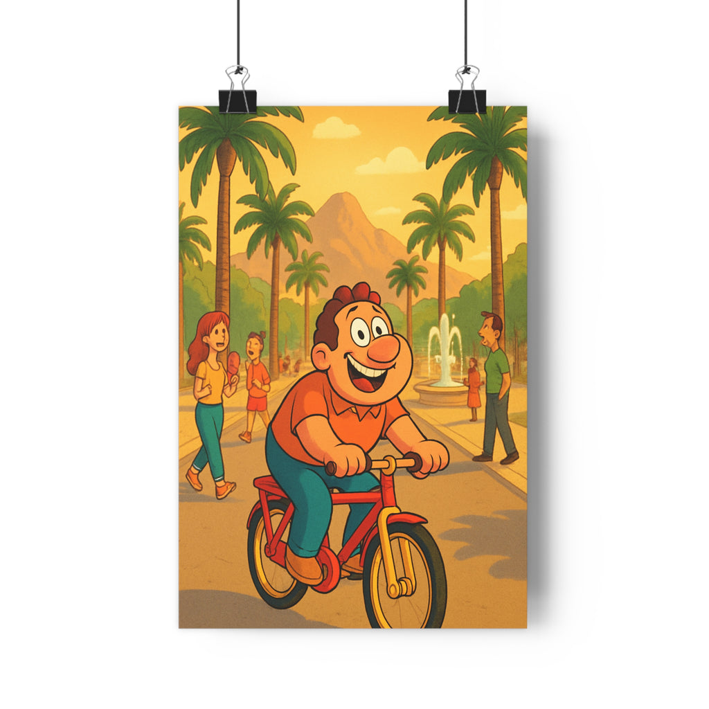 Poster décoratif cartoon vibrant joyeux vélo palmiers orange vert salon chambre 30x46 cm qualité