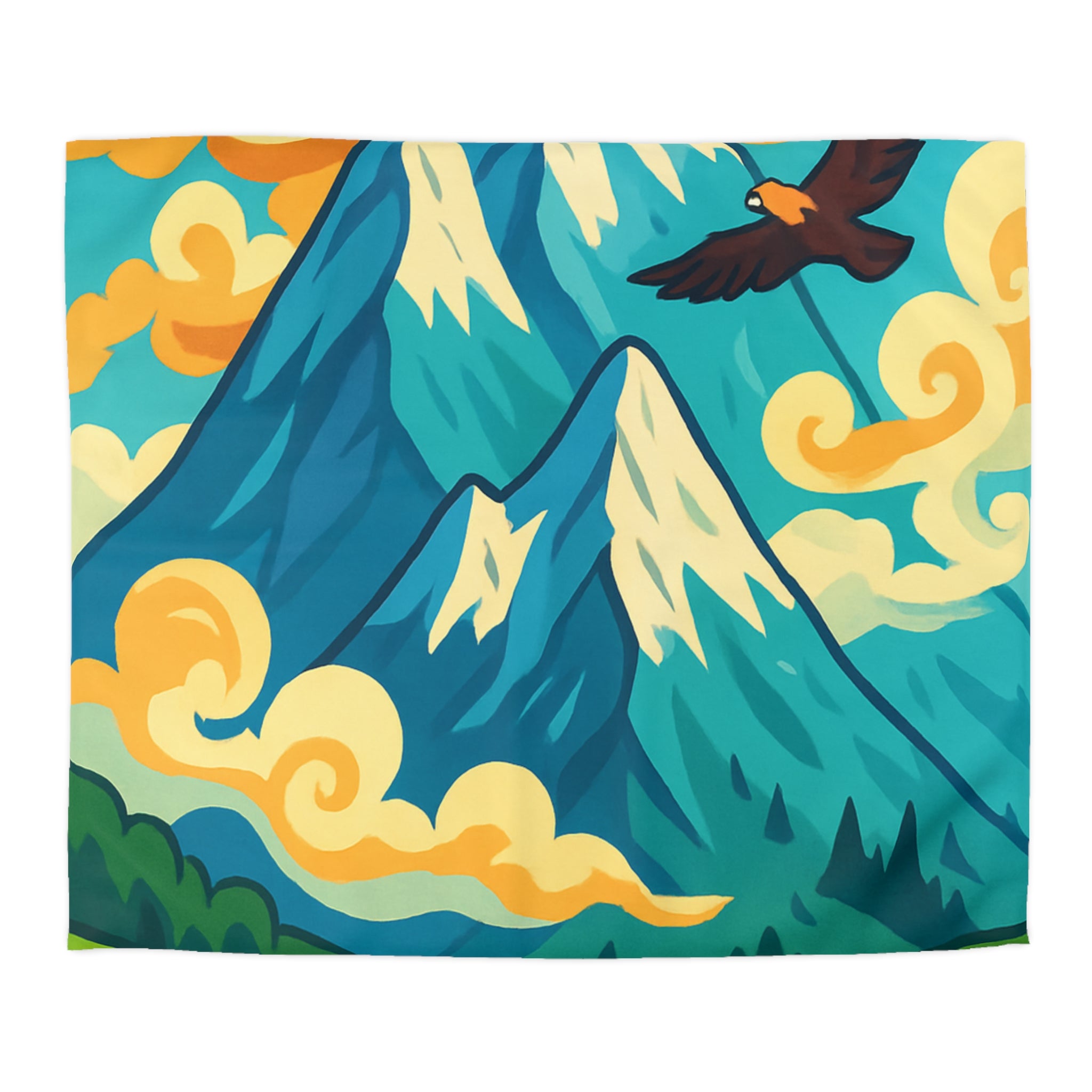 Housse de couette montagne colorée avec aigle et chalets pour chambre moderne