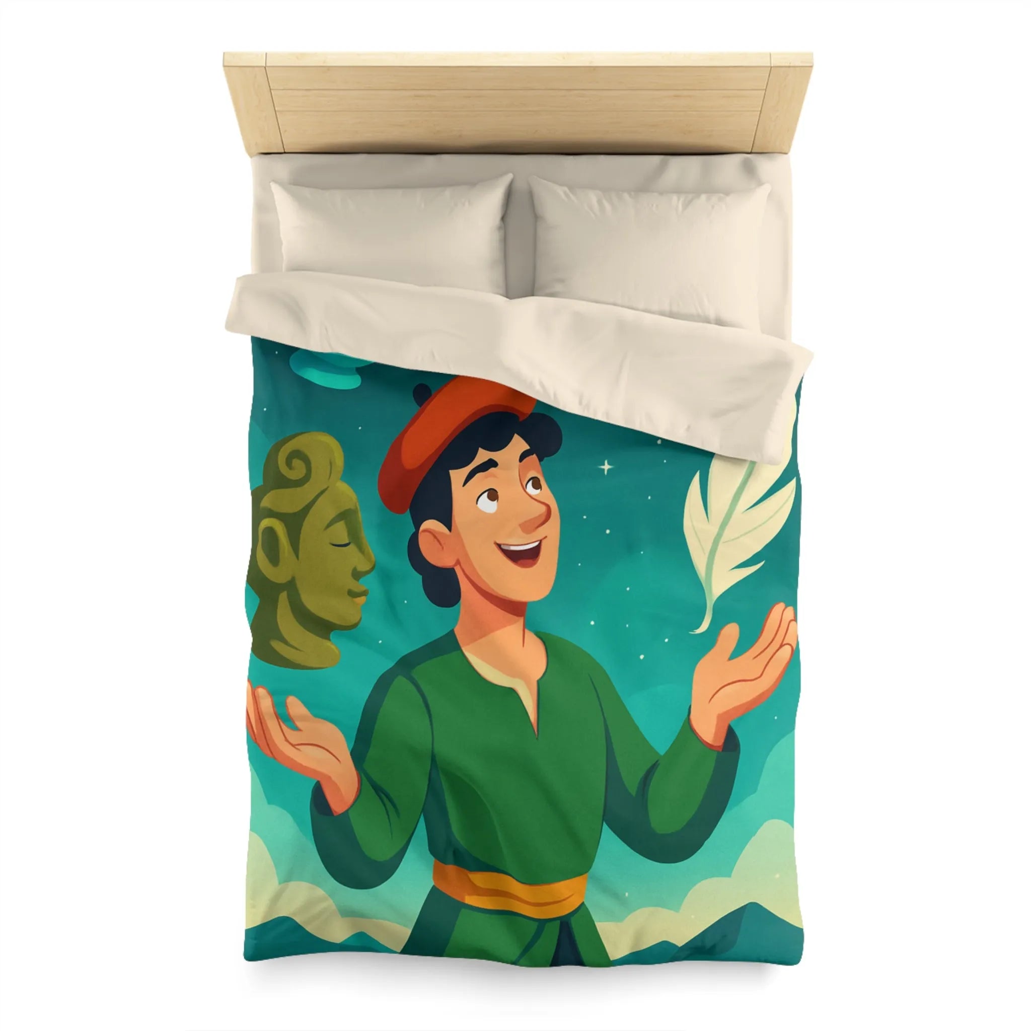 Housse de couette artistique avec personnage joyeux, nature et éléments magiques colorés