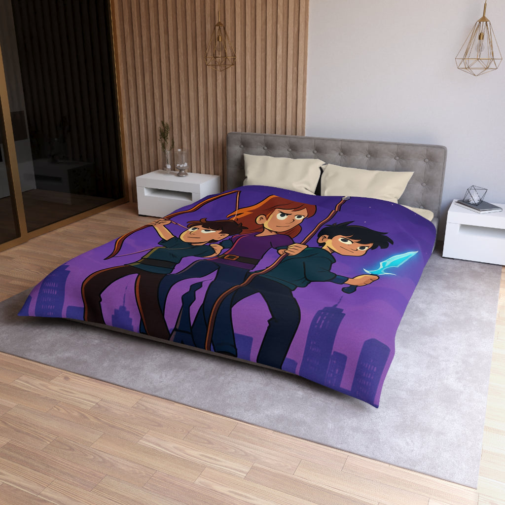 Housse de couette urbaine illustrée, ambiance aventure mystique avec enfants et armes