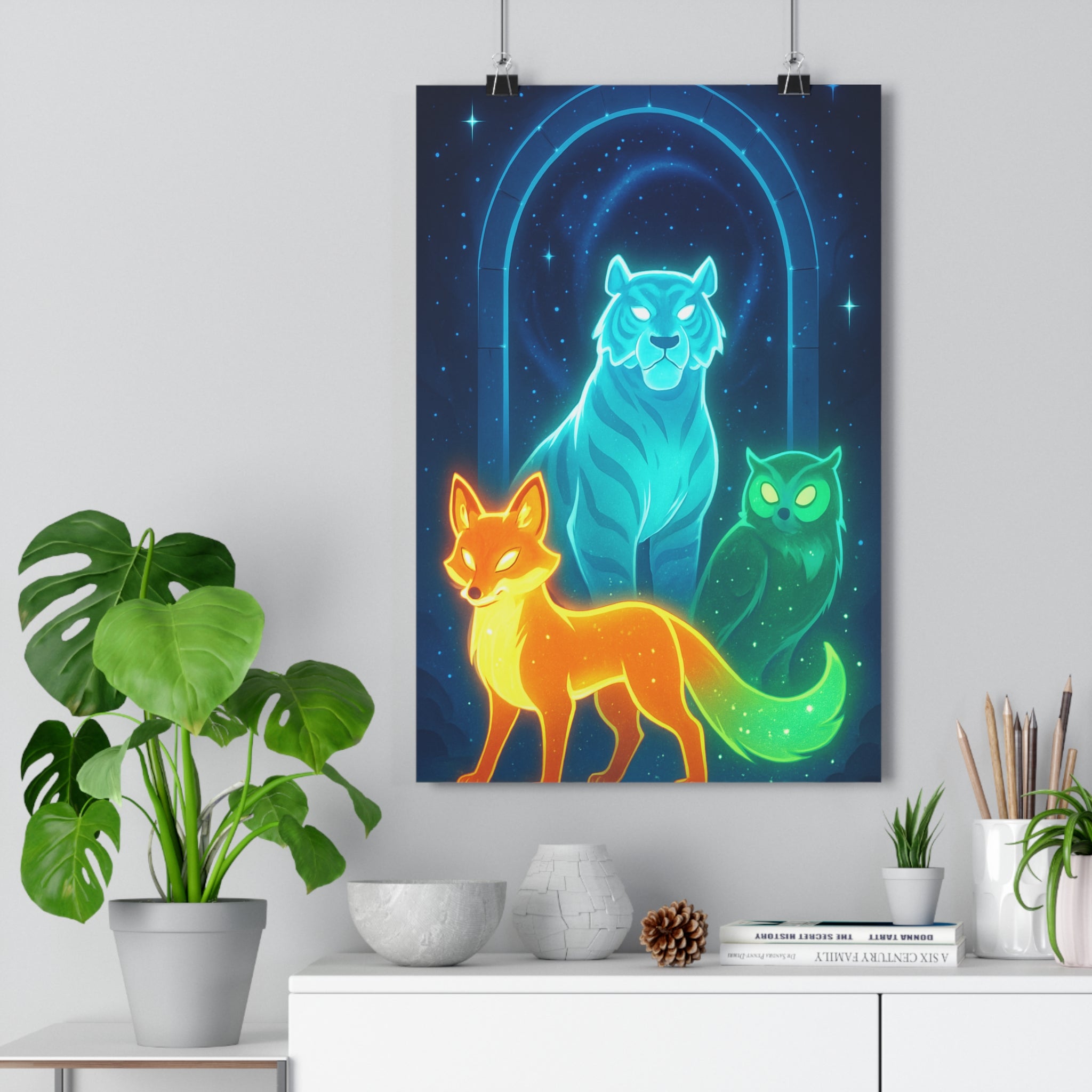 Poster décoratif créatures mystiques bleu orange vert cartoon fantastique mystérieux chambre enfant ambiance captivante