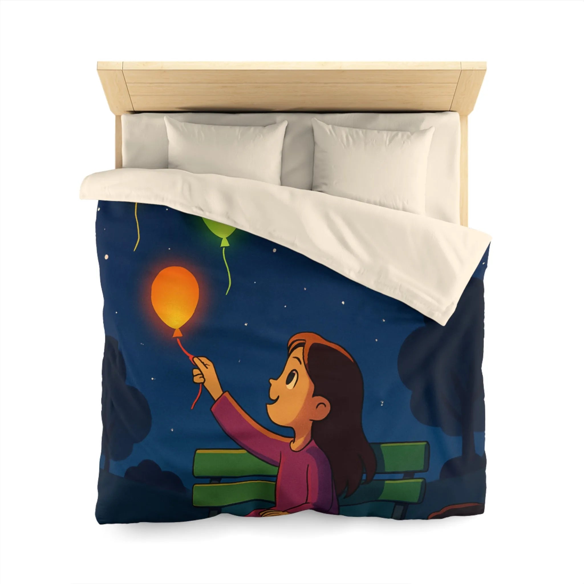 Housse de couette colorée avec ballons lumineux flottant dans un ciel étoilé magique