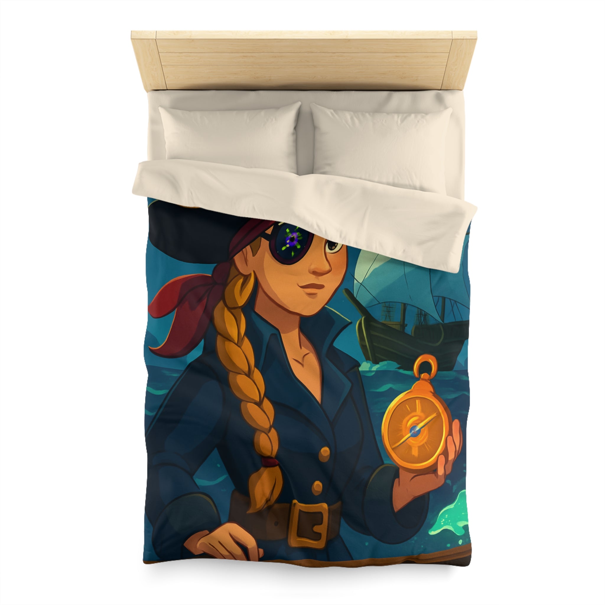 Housse de couette pirate colorée avec femme audacieuse, boussole et bateau illuminé