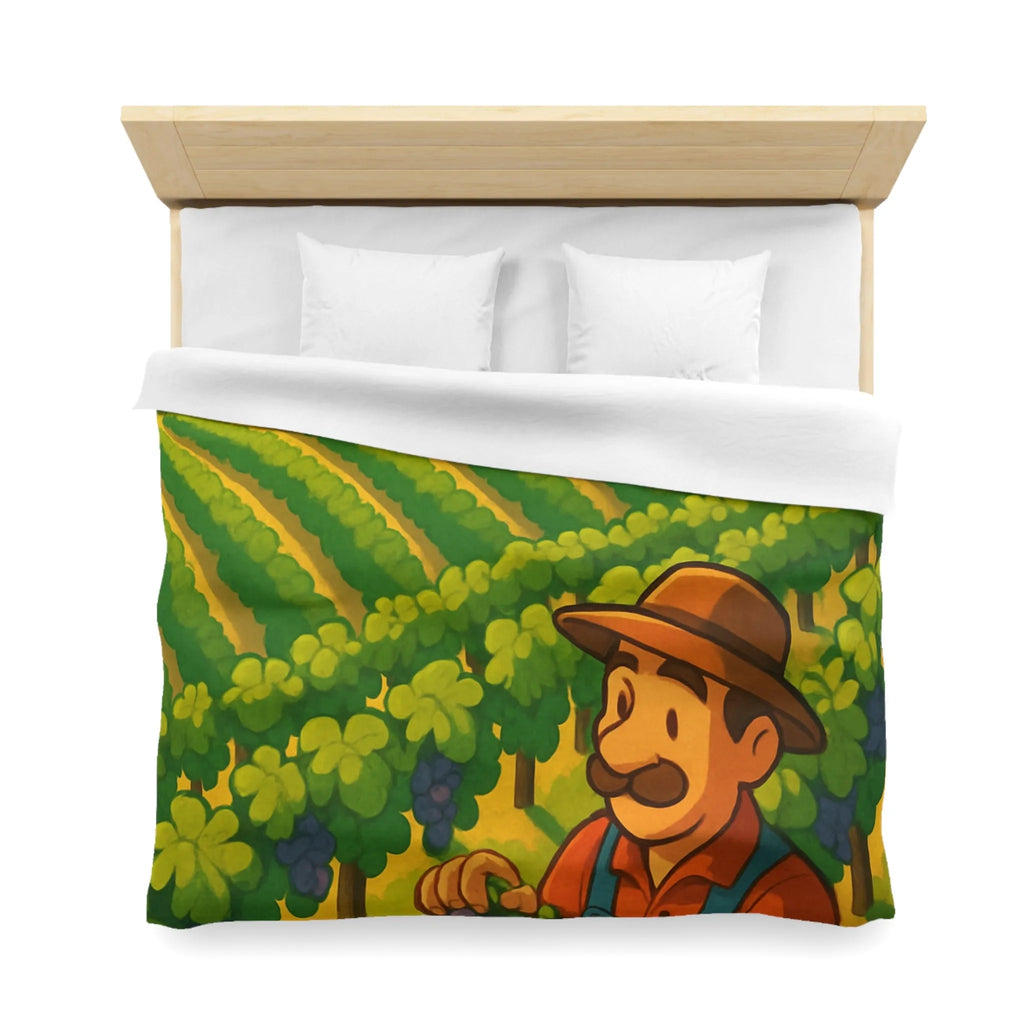 Housse de couette illustration de vendangeur dans un vignoble éclairé par soleil radieux