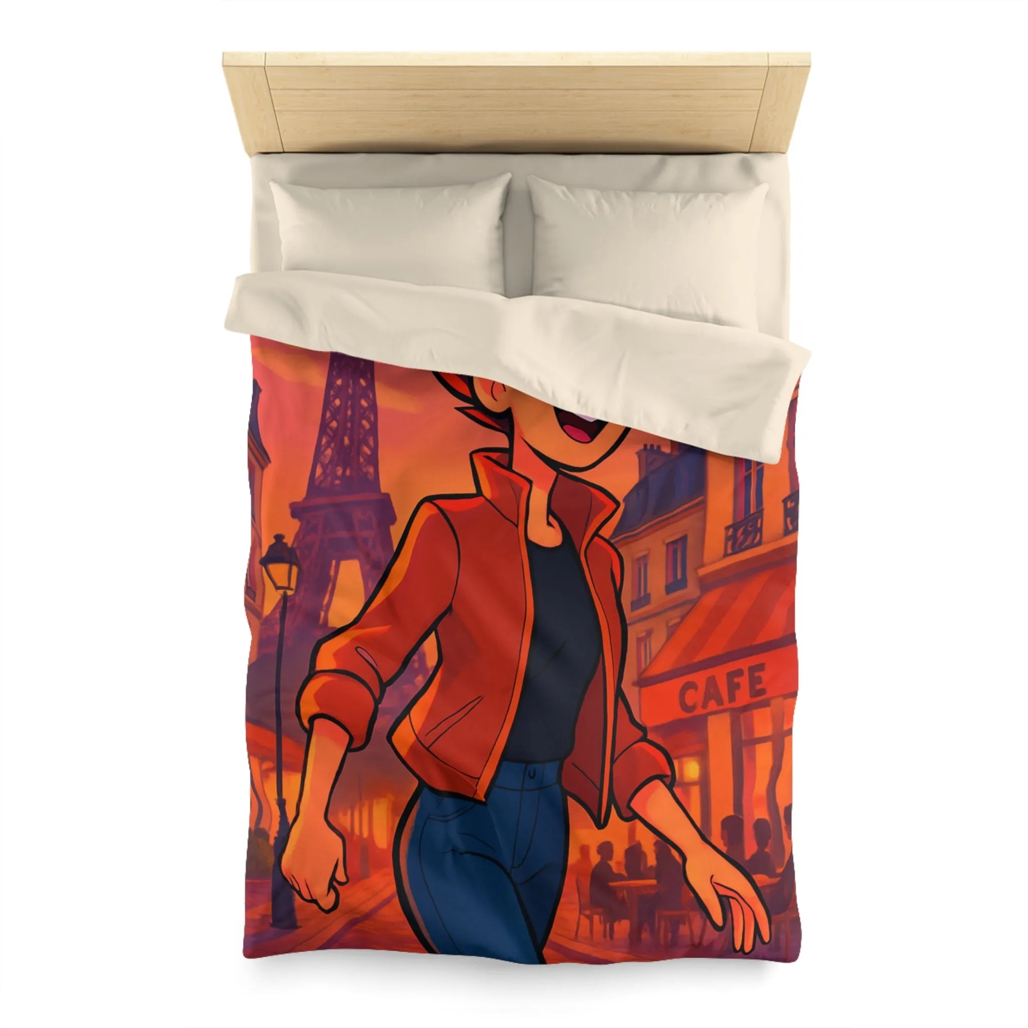 Housse de couette colorée avec illustration parisienne animée d'une silhouette joyeuse