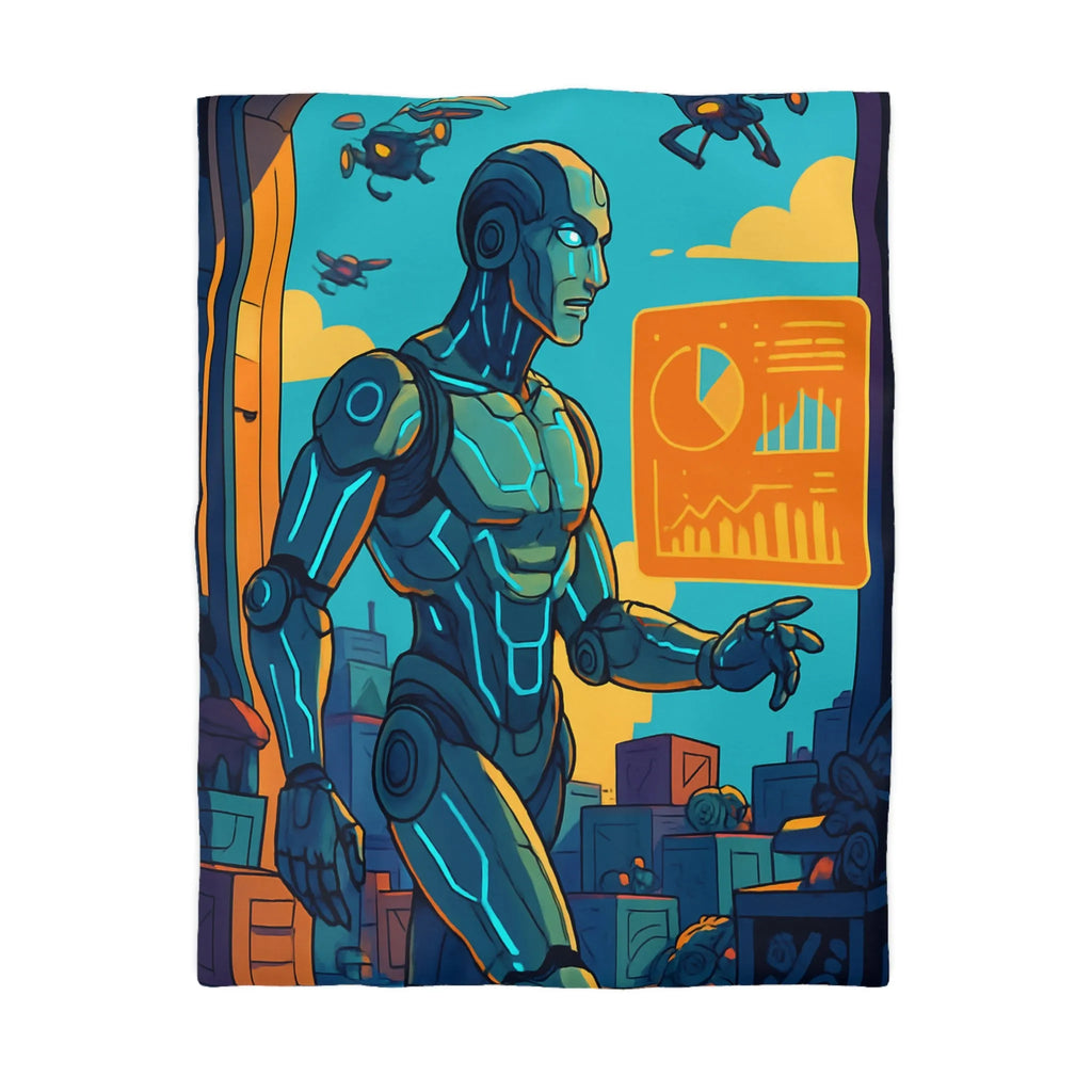 Housse de couette futuriste avec robot et drones, couleurs vives et graphiques modernes