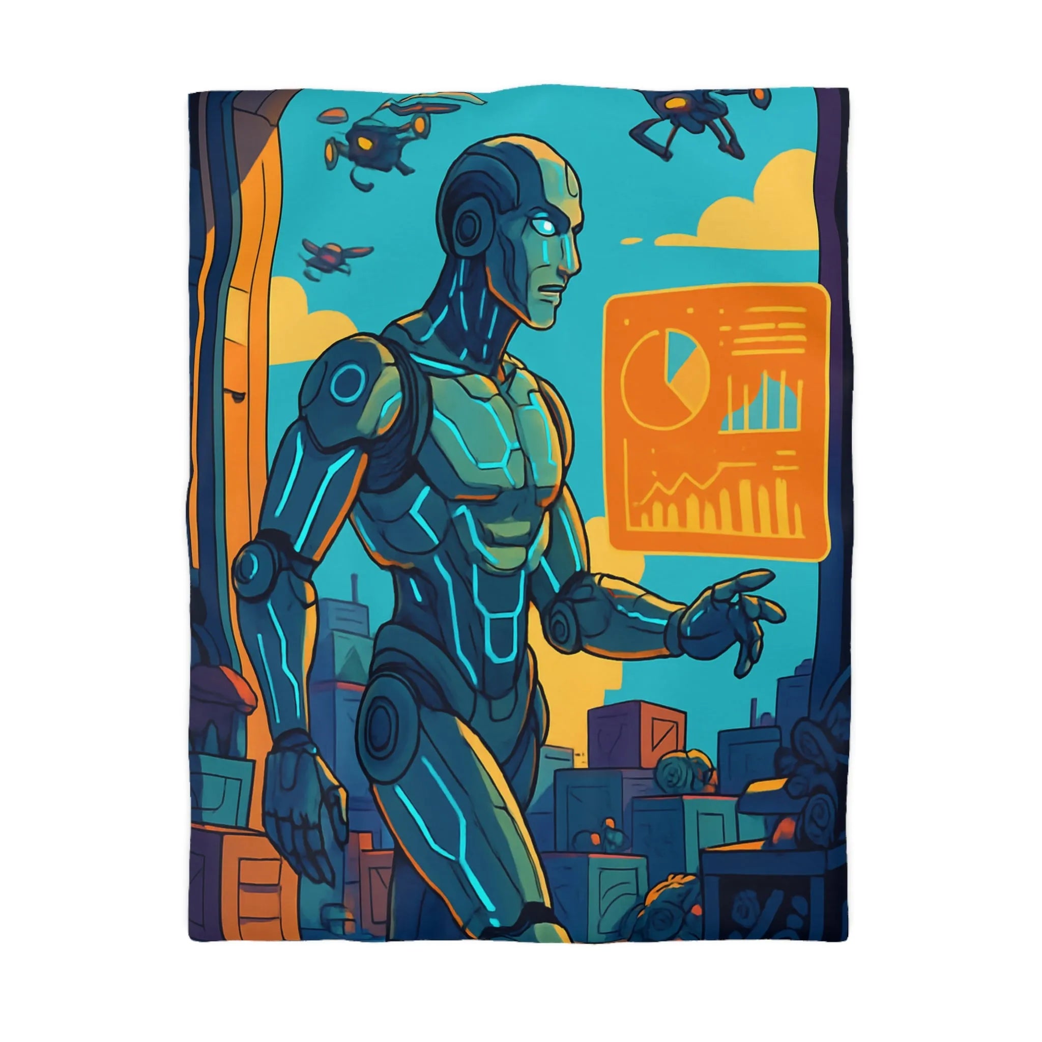 Housse de couette futuriste avec robot et drones, couleurs vives et graphiques modernes