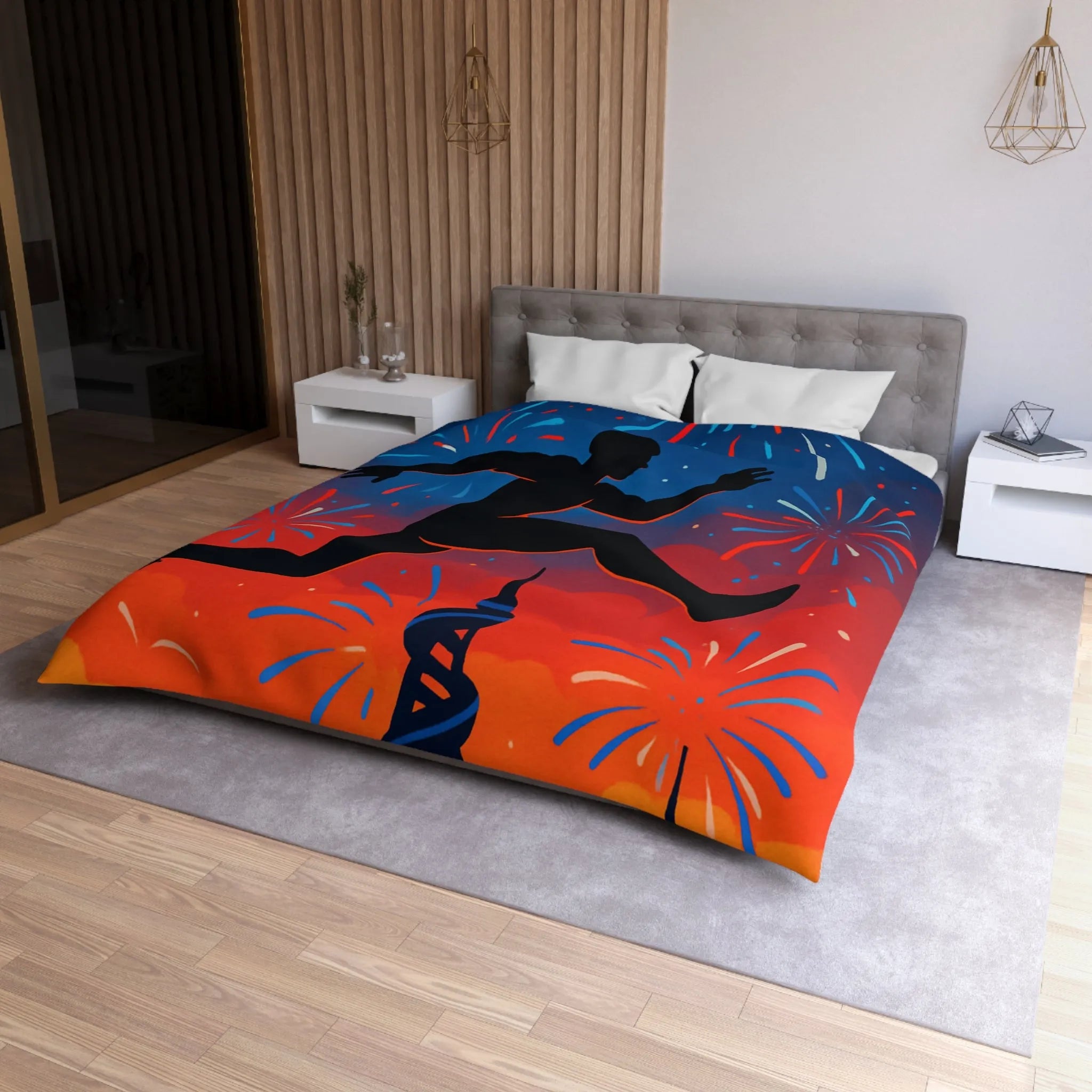 Housse de couette avec silhouette sportive et feux d'artifice, ambiance nocturne colorée