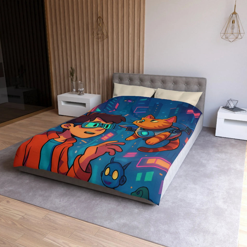 Housse de couette enfants style futuriste avec garçon et chat dans ville cyber