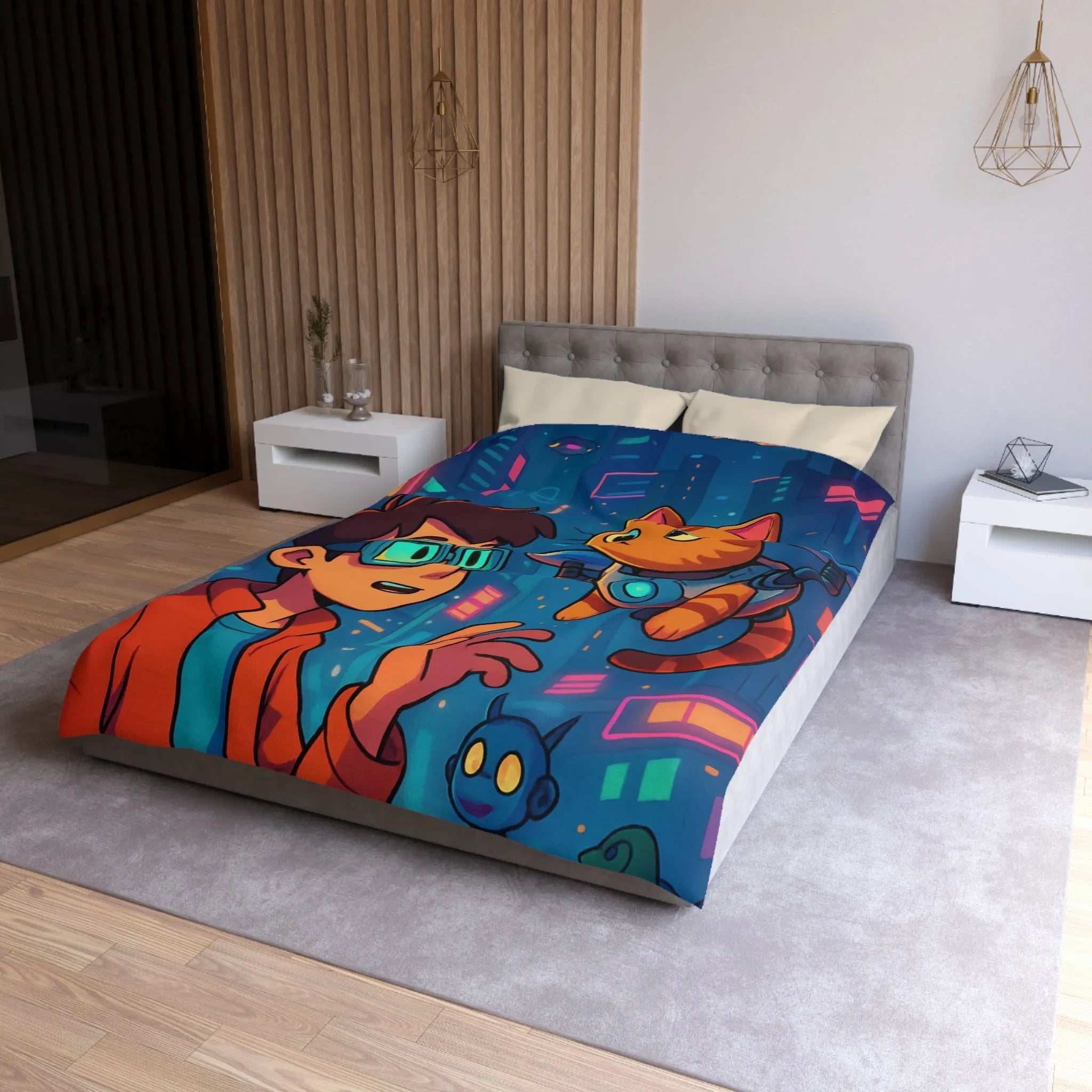 Housse de couette enfants style futuriste avec garçon et chat dans ville cyber