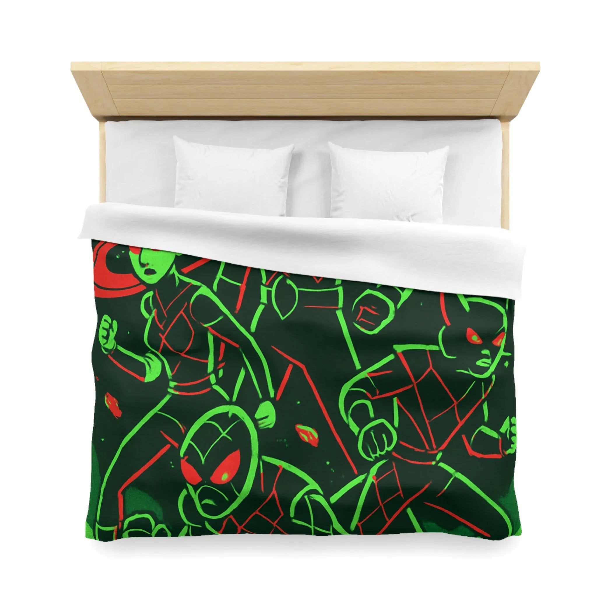 Housse de Couette Espace Vert Fluo Avec Quatre Héros En Pleine Action Rouge Noir