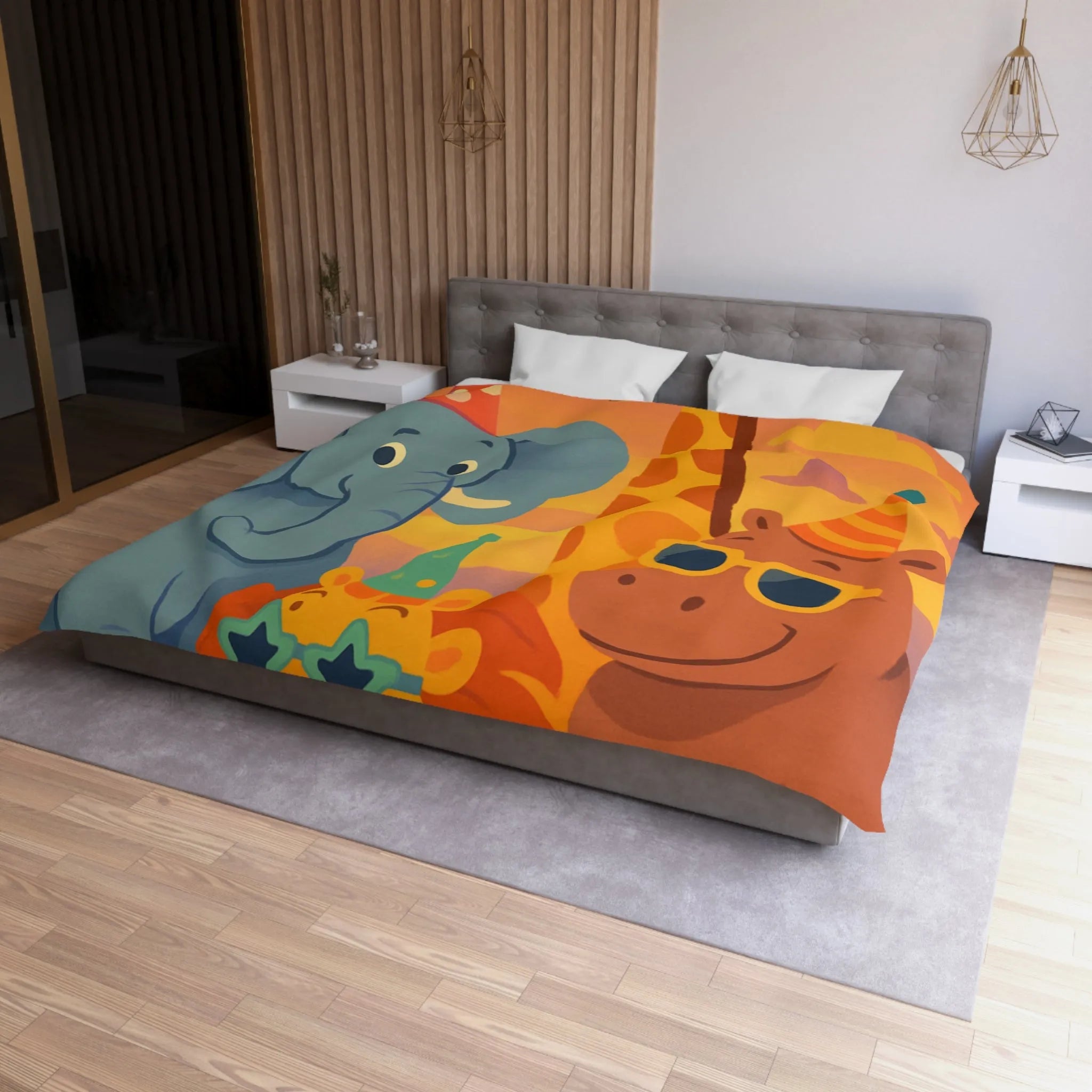 Housse de couette enfantine avec animaux de safari festifs et chapeaux colorés en fête